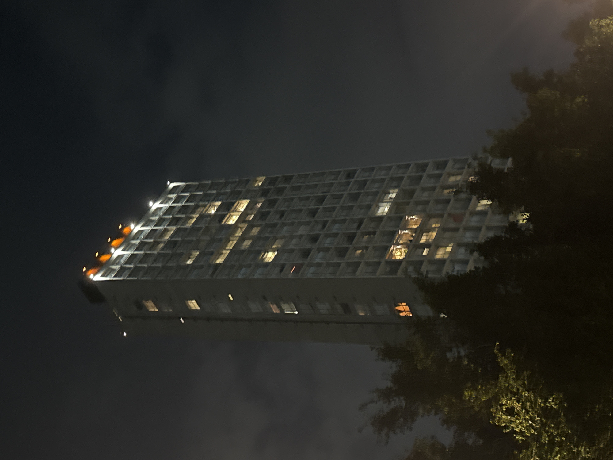 At night in Puebla, Mexico, a tall, modern building stands partially obscured by dark, leafy trees on the right side of the frame. The building has a grid-like facade with many windows, some illuminated, suggesting occupancy. The sky is a dark, muted gray. The photograph is taken from a low angle, looking upwards.