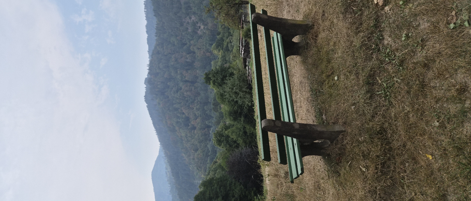A concrete and green wooden bench sits on dry grass in the foreground. Behind it, a dense forest covers rolling hills that recede into a hazy, blue sky. The scene is set in a natural environment, possibly a park or a hiking trail. The specific location is the Forbach, Germany area. There are no people or animals visible in the image.