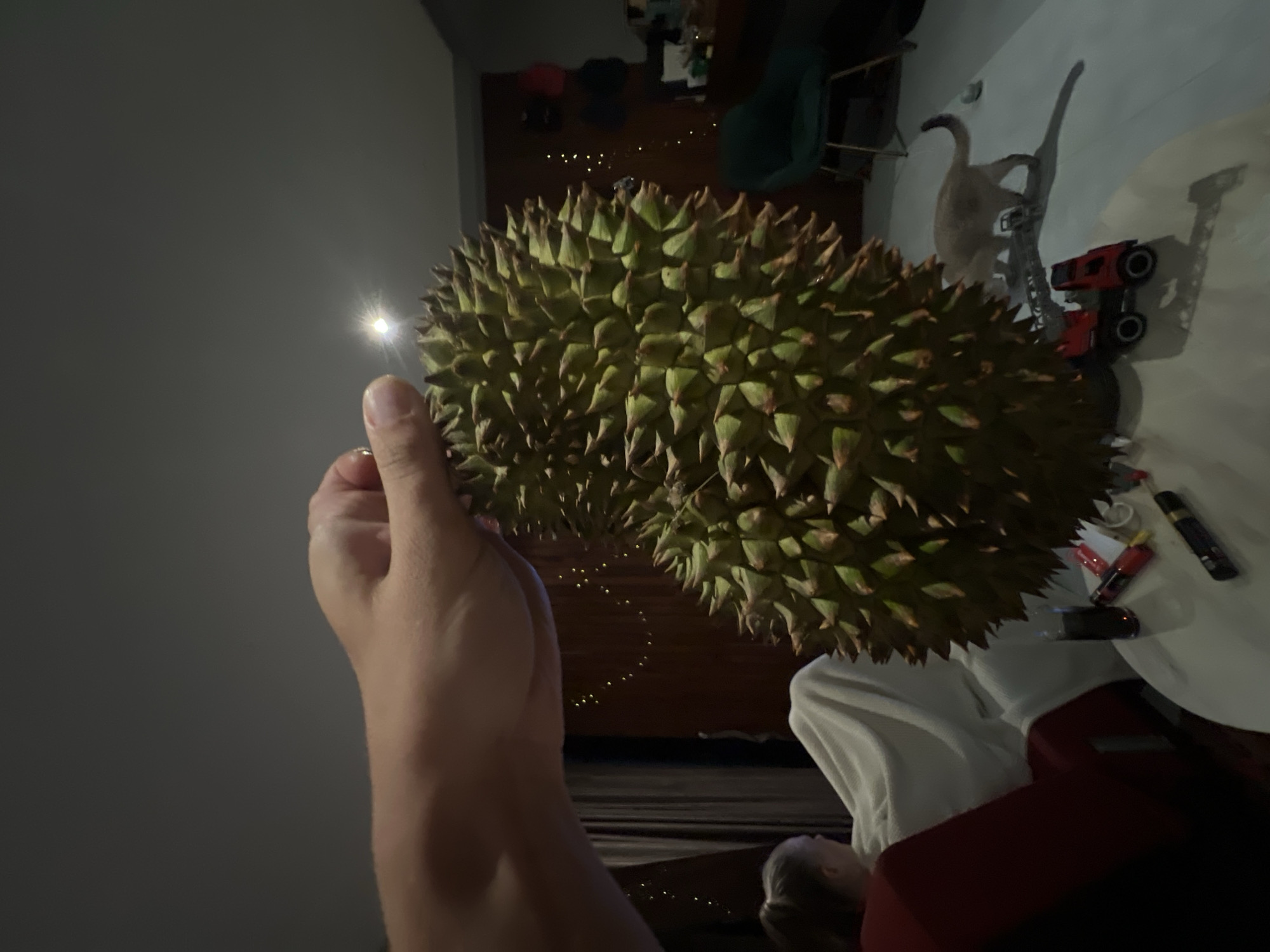 A close-up shot shows a person holding a large durian. The durian is spiky and green, filling a significant portion of the frame. The person's hand is visible, gripping the fruit from the bottom. To the right of the durian, a white surface is visible, possibly a table, with several items on it, including what appears to be a red toy car and some writing utensils. In the background, there are some blurred lights, suggesting a dimly lit environment, possibly indoors. The overall mood appears casual, with the focus on the fruit. The lighting creates a spotlight effect on the durian and the person's hand.