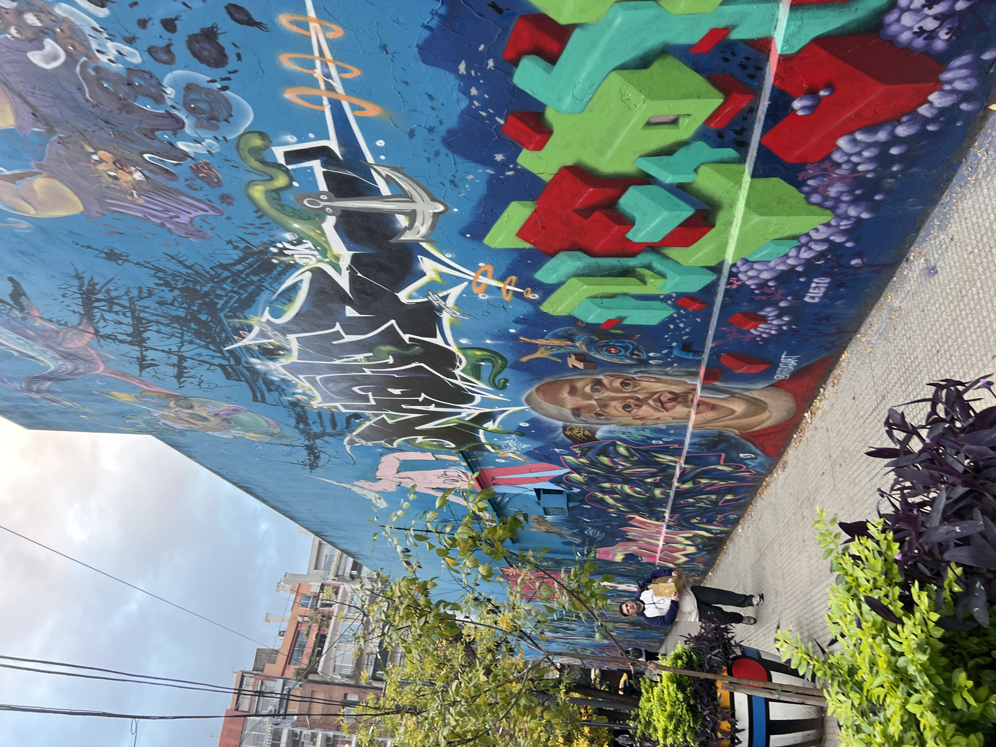 This is an exterior view, possibly in Buenos Aires, Argentina, featuring a tall wall mural. The mural spans the length of a building, depicting a diverse range of figures and abstract elements, including what appears to be a portrait, geometric shapes in red and green, and graffiti-style lettering. Below the mural, there are plants, including purple-leafed varieties, and a tree with sparse foliage. A man is visible, walking on the sidewalk adjacent to the mural, holding a box. In the background, several buildings can be seen under a partly cloudy sky, with power lines running overhead.