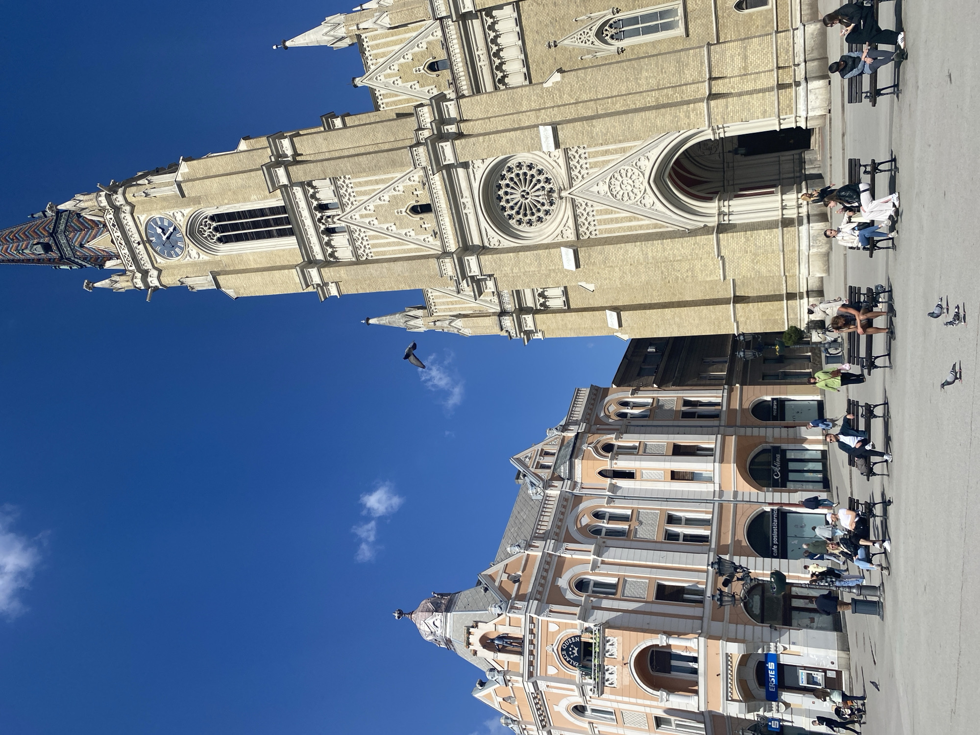 This image depicts the cityscape of Novi Sad, Serbia, showcasing two prominent buildings against a clear blue sky with a few scattered clouds. On the left is a brightly colored, multi-story building of elaborate architectural style. On the right stands a large, ornate church with detailed facade elements. People are seated on benches along the street, with some walking by. A bird is visible in flight between the two buildings.