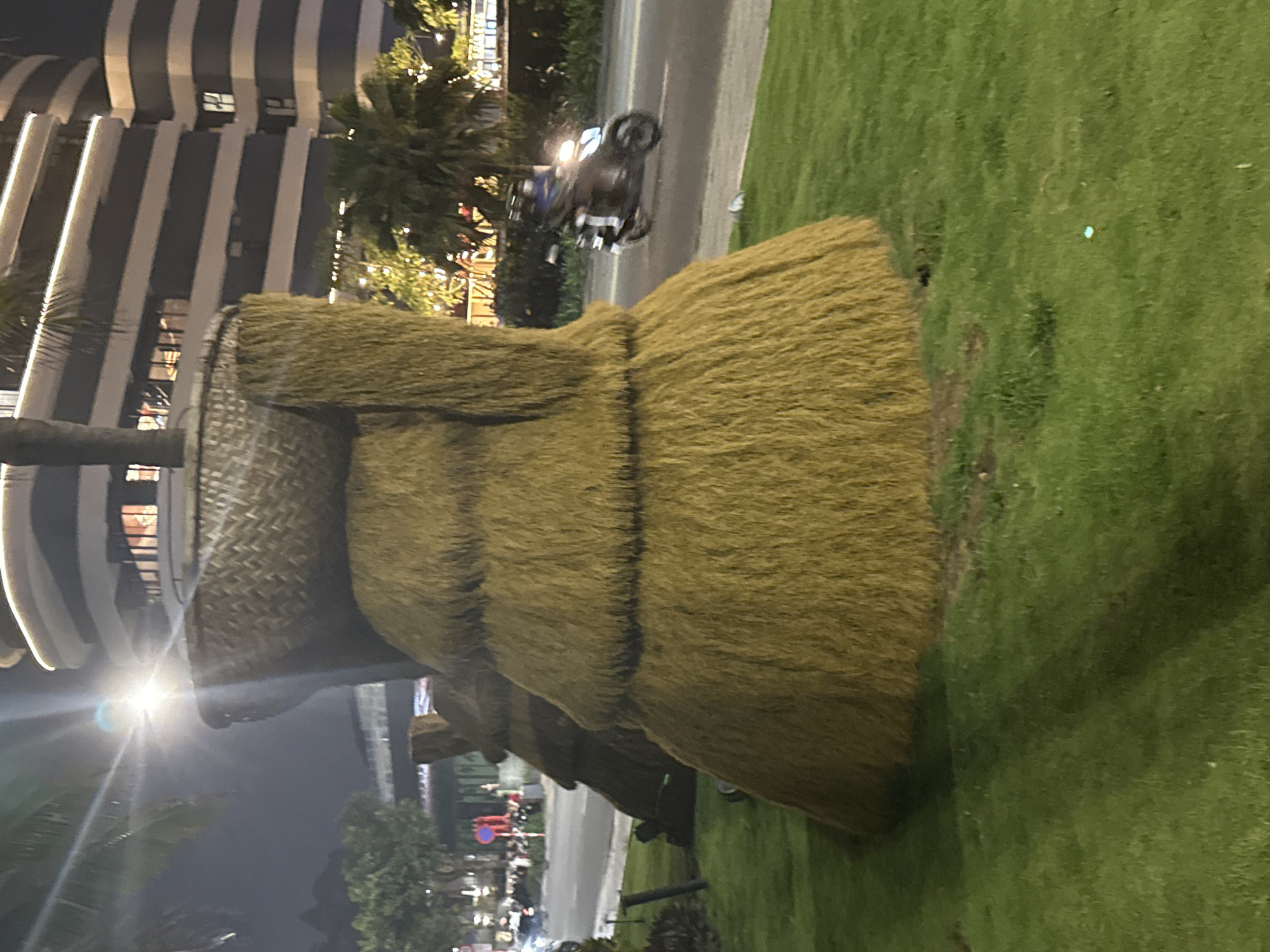 The image depicts a large Moai statue made of straw or hay, situated on a grassy area next to a road in Đà Nẵng, Vietnam. Behind the statue, there is a building with a unique architecture of curved white lines against the night sky. A palm tree is partially visible on the left side of the frame. The road next to the statue has a motorcycle traveling on it. Further in the background, there are trees and city lights. The overall environment suggests an urban setting with a mix of greenery and man-made structures.