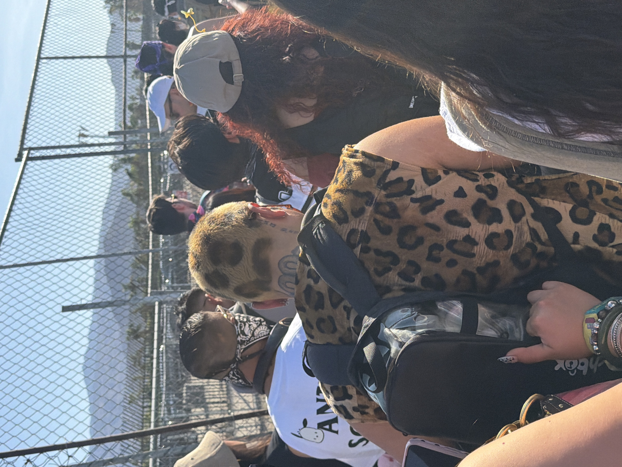 A sunny outdoor scene depicts a crowd of people, likely at an event in Indio, California, United States, given the desert environment and the chain-link fence. The focus is on a few individuals: one wearing a leopard-print shirt and backpack, another in a white shirt with an indiscernible logo, and others with hats. Various accessories like bracelets and phones are visible. The background includes a hazy blue sky and blurred structures, suggesting a populated area. The overall impression is of a public gathering.