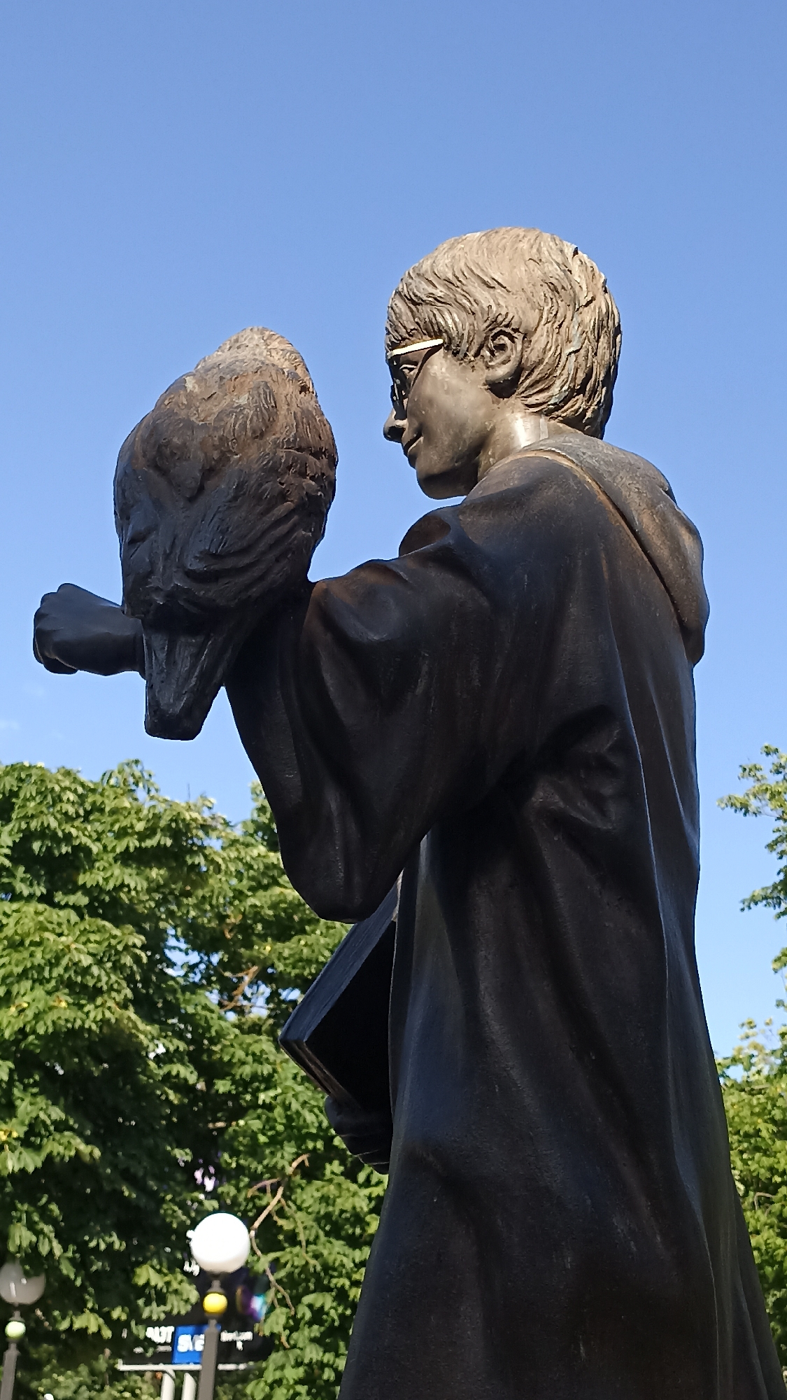 A bronze statue depicts a young boy wearing glasses and a robe, holding a large bird in his left hand. The statue is situated outdoors, with a clear blue sky as the background. Lush green trees are visible behind the statue, and in the lower left corner, there are streetlights and some signage, suggesting an urban setting. The statue is located in Tiraspol, Moldova, specifically at the Tiraspol National University's botanical garden.