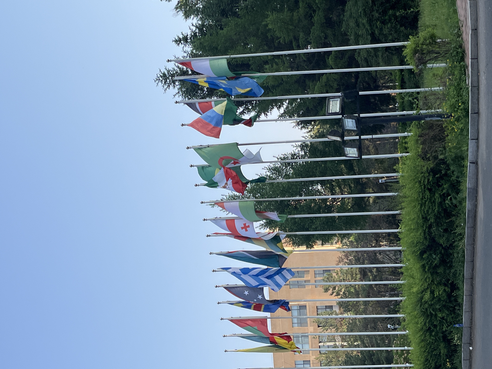 The image shows a row of international flags blowing in the wind in Changchun City, China. The flags are mounted on tall, white poles and are aligned closely together. The flags show a variety of national symbols and colors. Behind the flags, there are green trees and a beige building. A well-maintained green hedge runs parallel to the flag poles. A gray road is visible on the far right. The sky is clear and blue. Lighting fixtures are situated behind some of the flags.