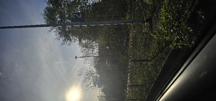 The image depicts an outdoor scene in Kamenz - Kamjenc, Germany, under bright, possibly late afternoon or early morning sunlight. The perspective is low, likely from within a vehicle, with a dark, reflective dashboard or interior surface visible in the lower-left foreground. A concrete curb separates this surface from a strip of overgrown grass and weeds, including a small, leafy green plant growing directly from the ground.
Beyond the curb, a metal fence constructed with vertical posts and horizontal chains stretches across the midground. Behind this fence is an expanse of unkempt grassy terrain with scattered small plants and taller, bare-branched deciduous trees. Two utility poles are present; the prominent pole on the right side of the frame is metallic gray and features a dark rectangular sign with a white numeral "2" affixed to its upper section. A second, thinner pole stands further back and to the left, topped with what appears to be a small light fixture or communication device. Behind the treeline, a dark, indistinct structure, possibly a building, is partially visible.
The sky in the background is a hazy blue, partially obscured by thin, high-altitude clouds. The sun is a bright, diffuse orb in the upper-left, causing significant lens flare and strong backlighting across the scene, creating areas of deep shadow and bright highlights. Multiple linear contrails from aircraft are visible crisscrossing the sky. No individuals or active subjects are present.