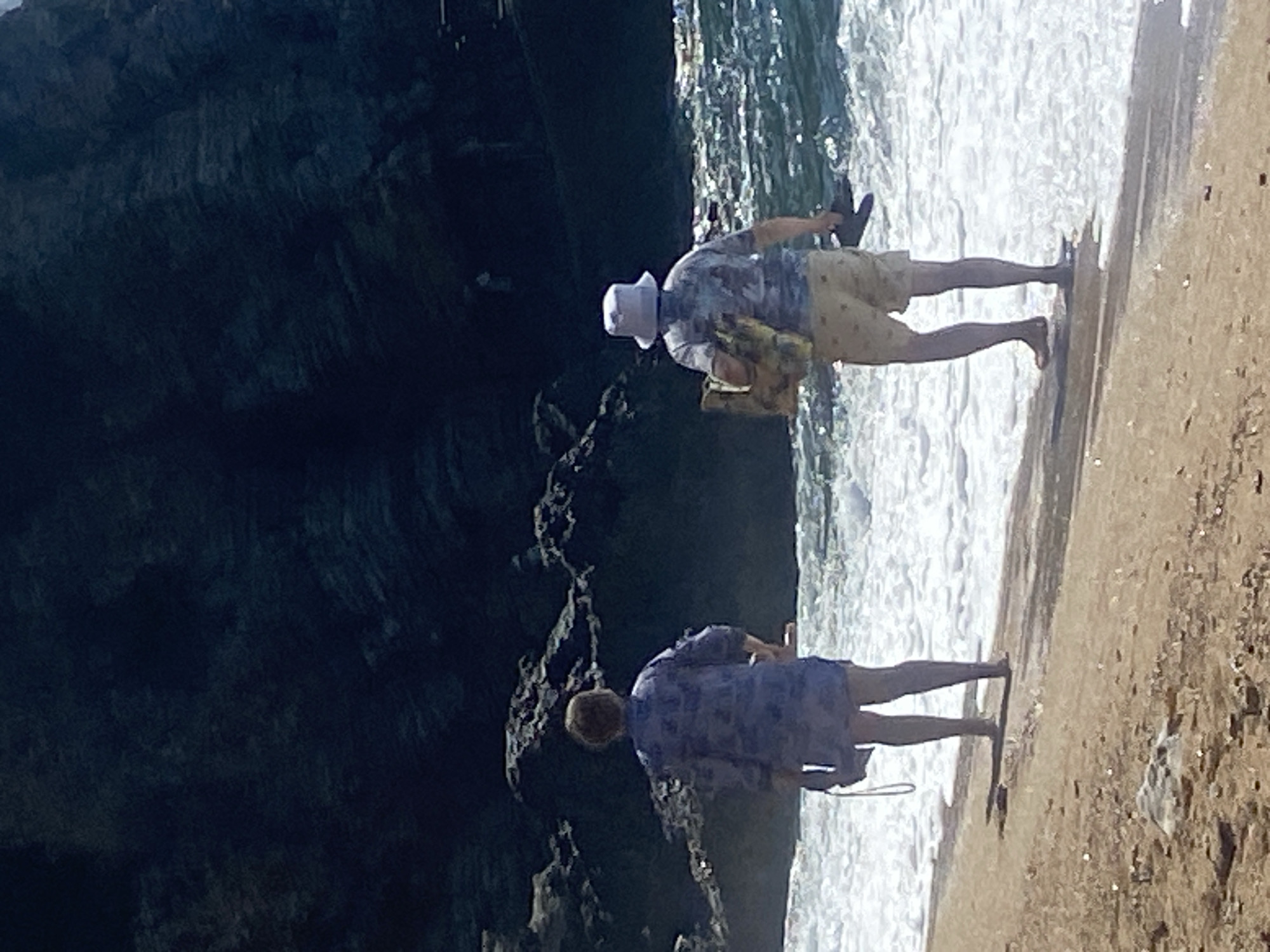 The image captures a vibrant daytime scene on a sandy beach. Two individuals are depicted standing on the shore, with the sea to their left and a dark, rugged rock formation to their right.
The person closer to the foreground is wearing a light-colored bucket hat, a patterned short-sleeved shirt, and patterned shorts. They are holding a dark object, possibly a flip-flop or sandal, in their right hand, and appear to be observing the water or sand. Further along the beach, a second person with short, light brown hair is visible, dressed in a patterned blue or purple short-sleeved top and matching shorts. They too seem to be looking downwards.
To the left of the individuals, the sea exhibits foamy white waves breaking gently onto the golden-brown sand, which appears slightly damp. To their right, a substantial dark rock face or cliff rises, characterized by its textured, shadowed surfaces, possibly indicative of dampness or rough vegetation.
The scene suggests a relaxed and leisurely atmosphere, typical of a beach outing on a bright, sunny day. Based on the provided context, the location is Sveti Stefan, Montenegro. No visible text is present in the image.