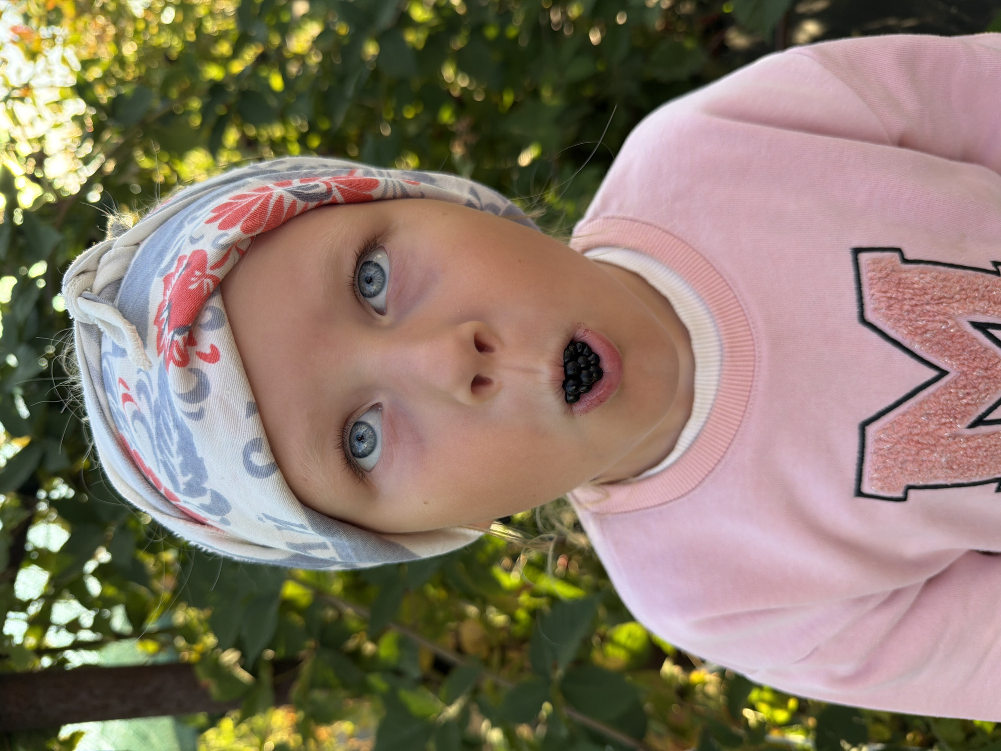 In a close-up, eye-level portrait, a young girl with striking blue eyes looks upwards with her mouth open, revealing several black berries. She wears a pink sweatshirt with a fuzzy 'M' emblem and a patterned headband. The background is softly blurred, showing green foliage and hints of sunlight. The scene appears to be outdoors, possibly in a garden or park setting, given the natural vegetation. The overall lighting suggests it is daytime, with the sun casting a warm glow. There is no discernible indication of the city of Kamyshin, Russia, within the image itself.