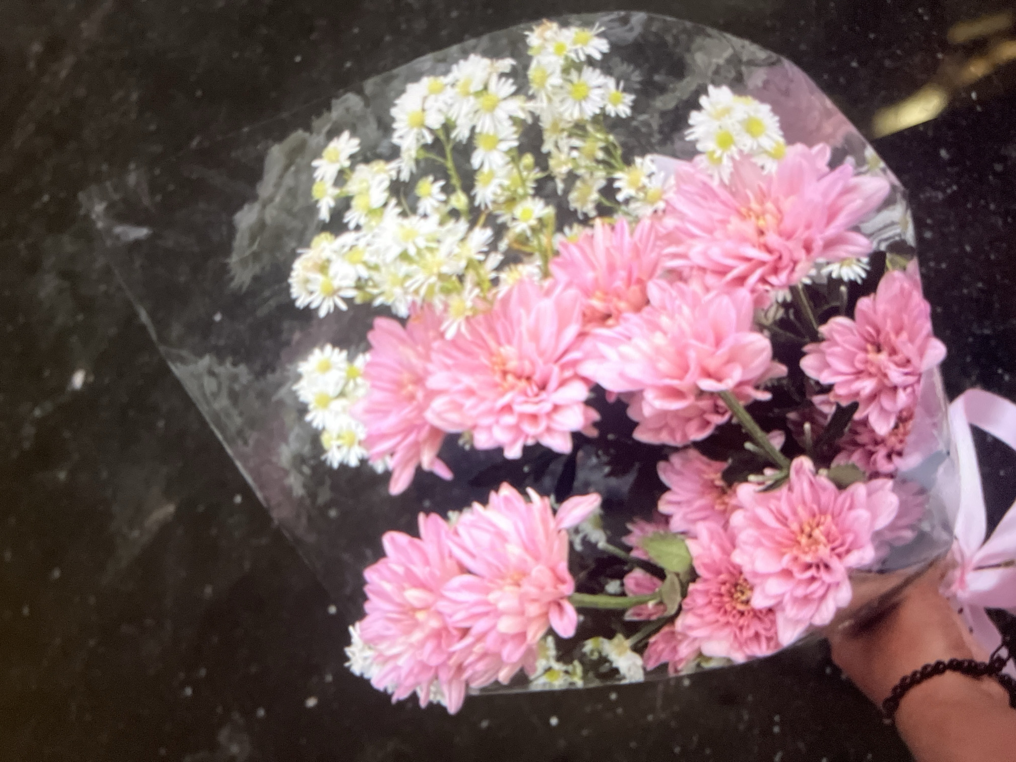 A bouquet of pink chrysanthemums and white asters is held by a person's left hand. The hand is adorned with a black beaded bracelet. A pink ribbon is tied around the stems of the flowers. The bouquet is wrapped in clear cellophane and is placed against a dark, speckled background. The scene appears to be indoors, possibly on a table.