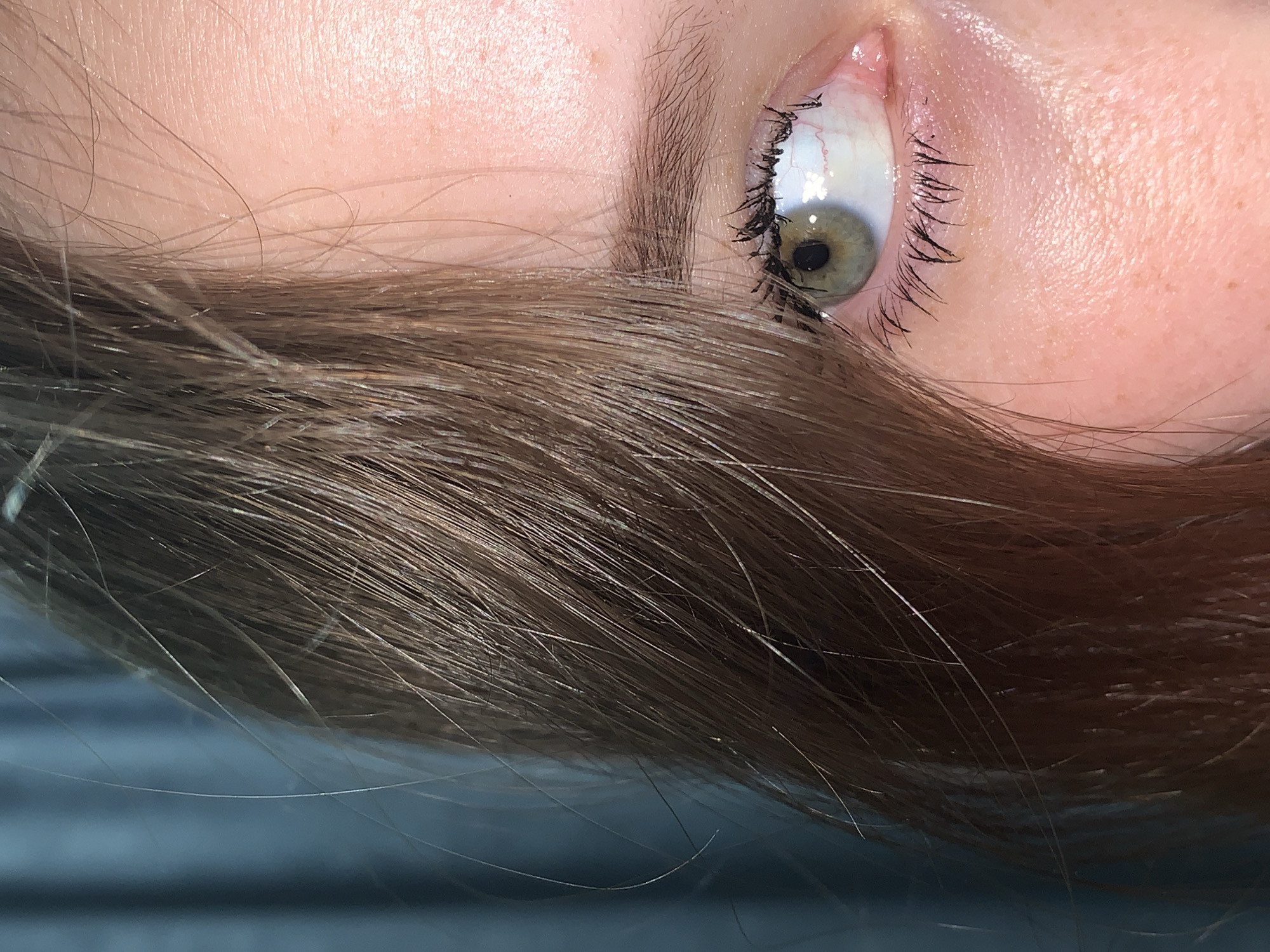 This close-up image features the right side of a person's face, focusing primarily on their eye, eyebrow, and surrounding skin, with a significant portion of brown hair framing the shot. The person's skin is light-toned, showing fine texture and some faint freckles. Their eye displays a light green or hazel iris with a clearly visible dark pupil. The sclera (white part of the eye) shows normal red vascularization. Dark, possibly mascara-enhanced, eyelashes fan out from the eyelid, and a section of the eyebrow is visible above the eye. Brown hair, which appears fine with individual strands discernible, covers part of the forehead and temple, cascading down towards the lower left of the frame. Some lighter, possibly grey, strands are intertwined within the brown hair. The background is a soft, out-of-focus blur of dark blue and gray, providing no specific location cues. No particular activity is shown beyond the person resting or posing for the close-up. The time of day, weather, and the subject's emotions are not discernible. No visible text is present. The image is described as being from Фоки, Russia.