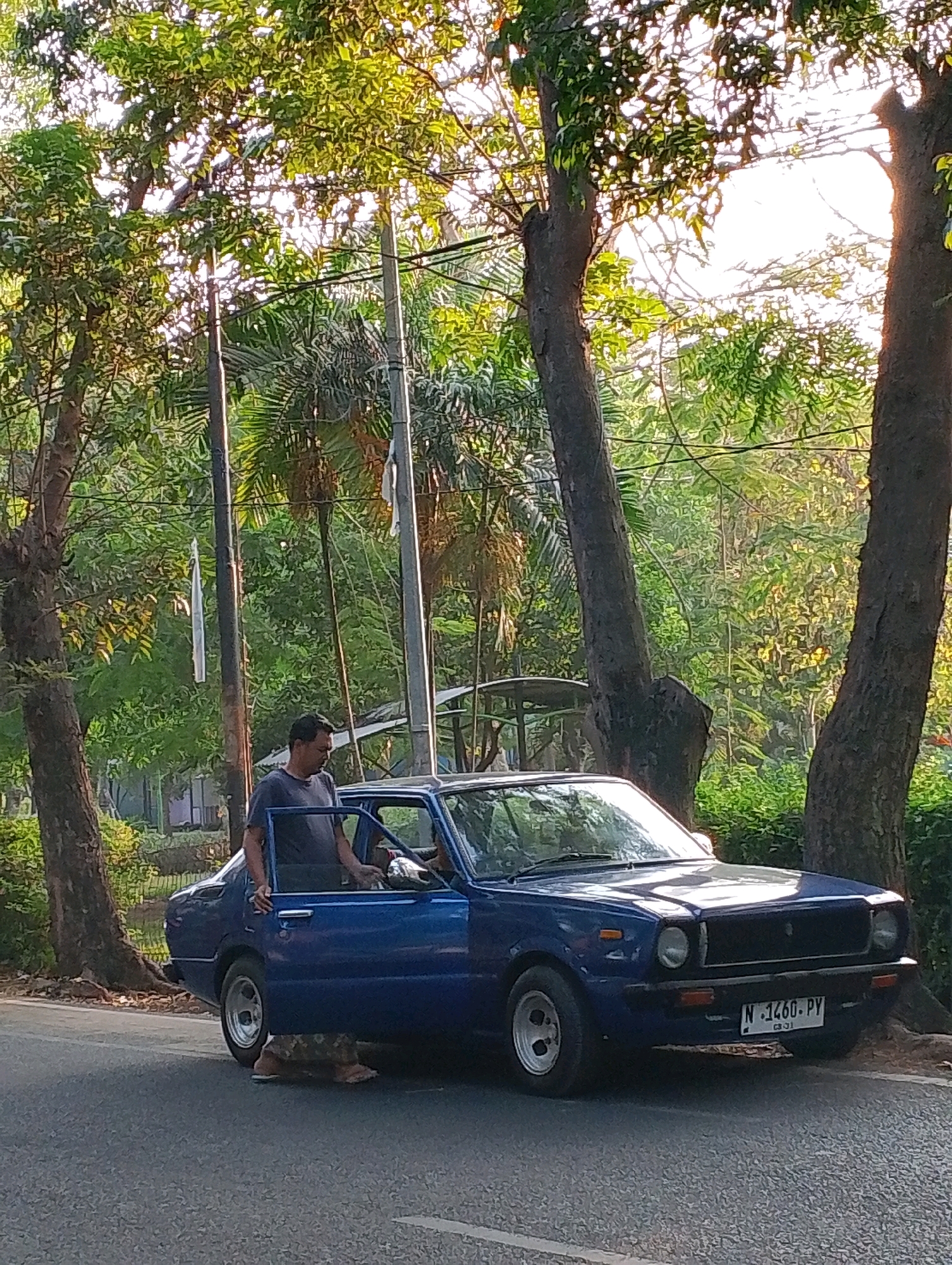 A man is standing next to the open driver's side door of a blue sedan on a paved road in Probolinggo, Indonesia. He is wearing a dark t-shirt and his left hand is on the door frame. His legs are partially obscured by the car's body. Beneath the car, a tortoise is visible on the road, its shell appearing to be patterned with camouflage. The car's license plate reads "N-1460-PY". The scene is surrounded by lush green foliage, with large trees lining the road. The sunlight filters through the leaves, creating dappled light and shadows. Several utility poles with wires are also present in the background. The overall environment suggests a semi-rural or park-like setting within the city.