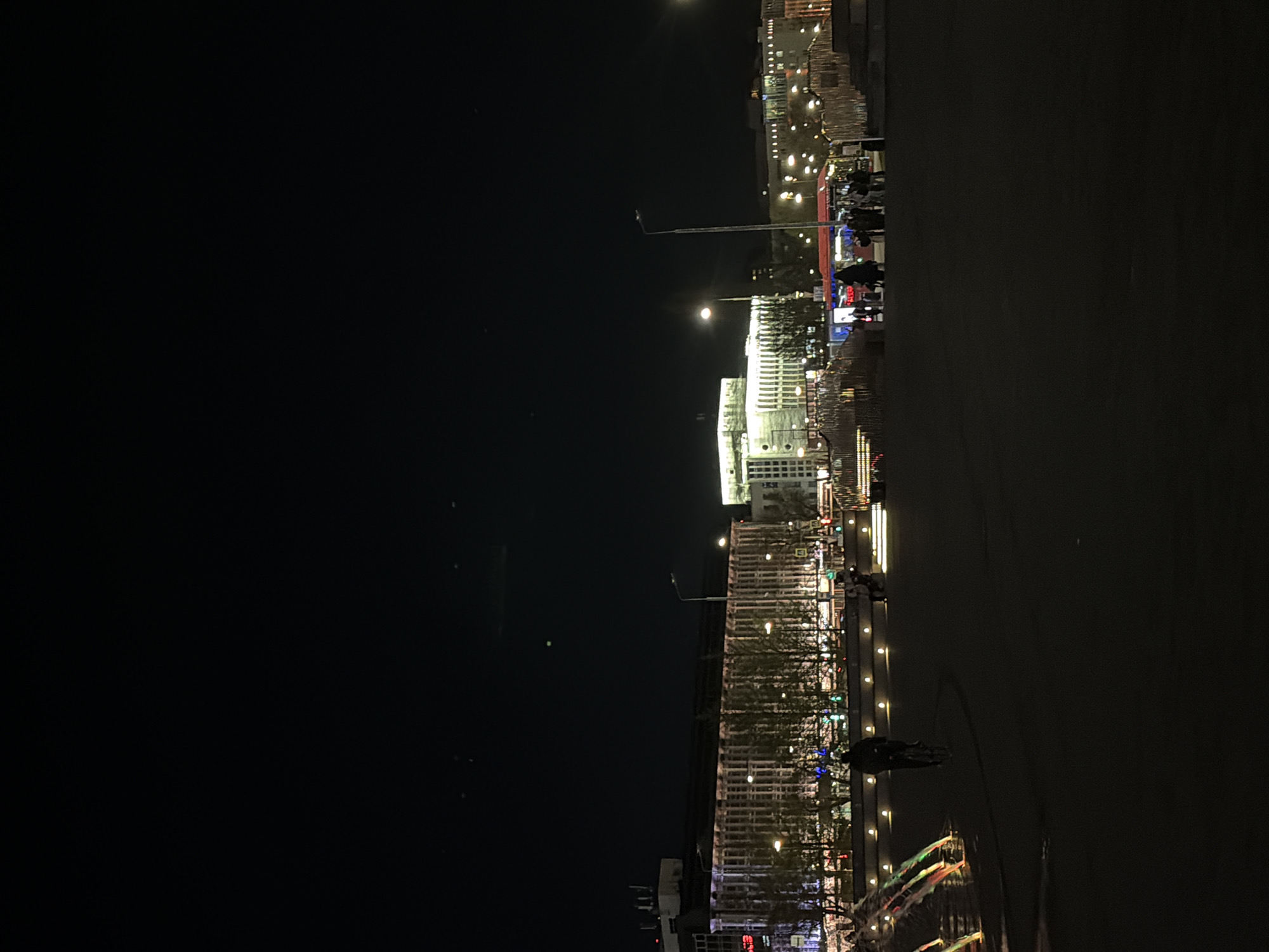The image depicts a nighttime scene in Perm, Russia, likely along the Kama River embankment. Several buildings with lit facades are visible on the right side of the frame, suggesting a city center or commercial area. Streetlights illuminate a paved pathway, which is populated by a few indistinct figures. The left side of the image is dark, possibly representing the river or an unlit area. There are a few reflections on the water surface. The photograph is taken at night.