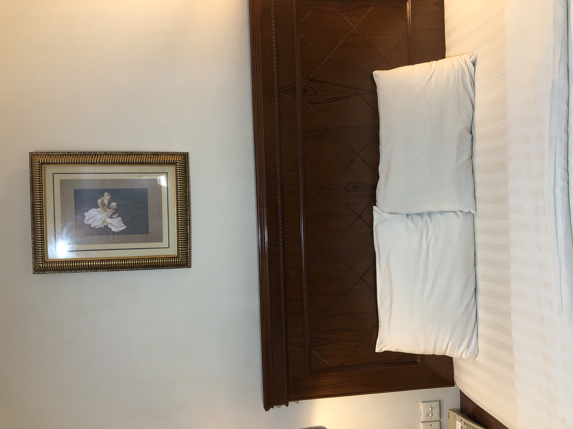 The image shows a hotel room in Medan, Indonesia. A bed with a dark wood headboard and two white pillows is visible. The bed has white striped bedding. On the wall to the left is a framed picture of a white flower. Below the bed, there is a power outlet and a control panel. The walls are painted white.