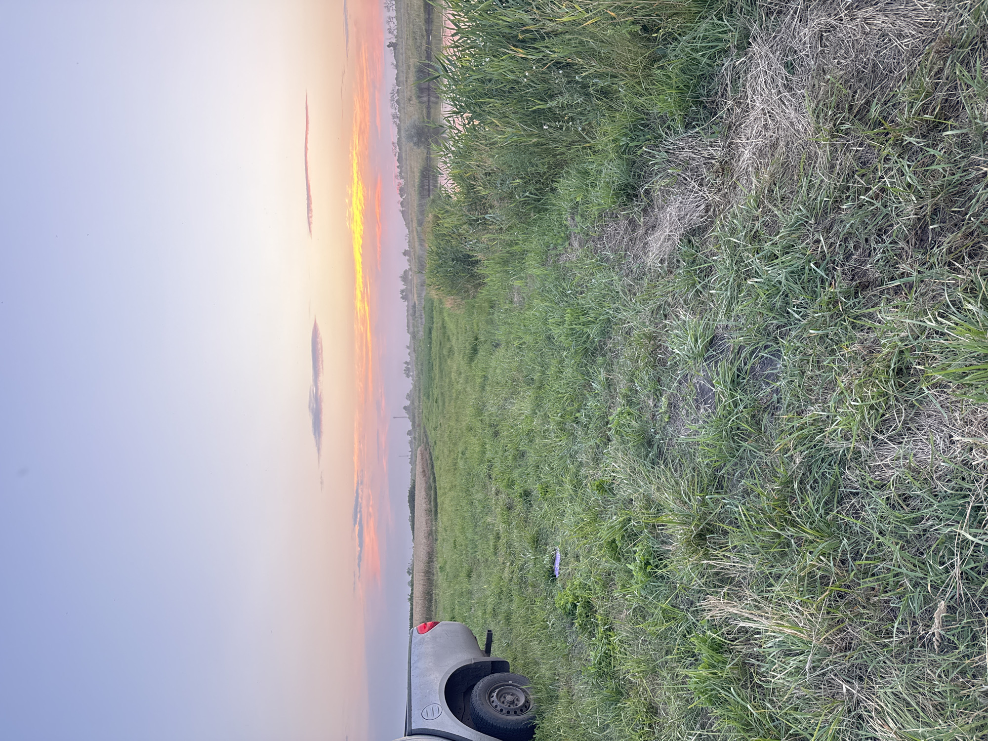 An outdoor, wide-angle, landscape shot captures a rural scene at dusk. The foreground is dominated by a grassy field with patches of dry straw. To the left, the rear of a silver pickup truck is visible, parked on the grass. In the mid-ground, a body of water, possibly a river or canal, is bordered by reeds and tall grass. Beyond the water, a field of golden crops stretches towards a distant tree line. The horizon is marked by industrial structures and smokestacks. The sky transitions from a pale blue at the top to soft hues of pink, orange, and yellow near the horizon, indicative of sunset. The lighting suggests it is late evening. There are no people visible in the image.