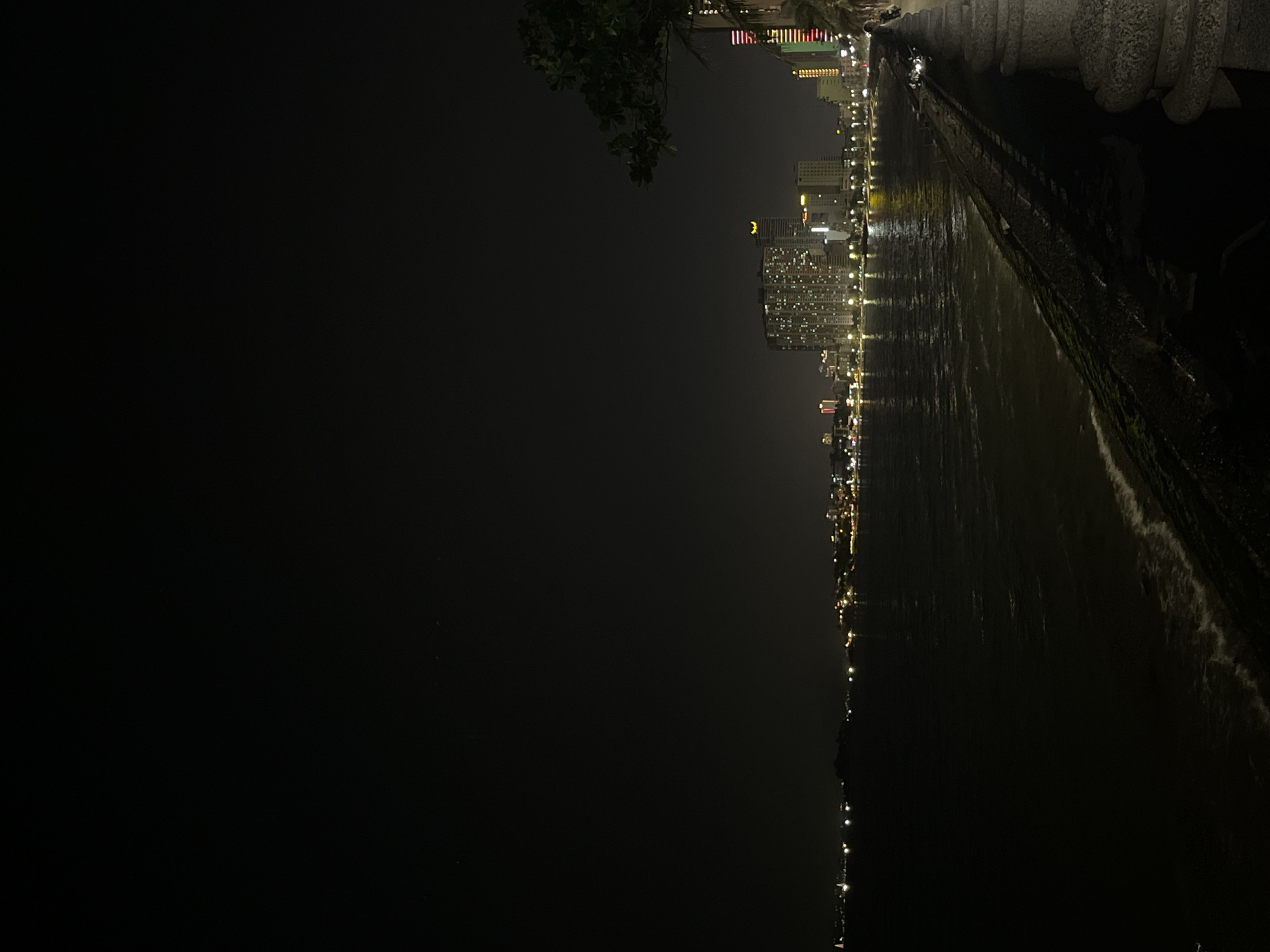 The image captures a night scene along the coastline of Bac Nha Trang Ward, Vietnam. The city skyline, illuminated by various lights, stretches along the horizon. Tall buildings are visible, some with distinct lighting patterns. The shoreline is marked by a wall structure, potentially a seawall or embankment. Waves from the sea meet the shoreline, reflecting the city lights. A dark tree is partially visible in the upper left corner.