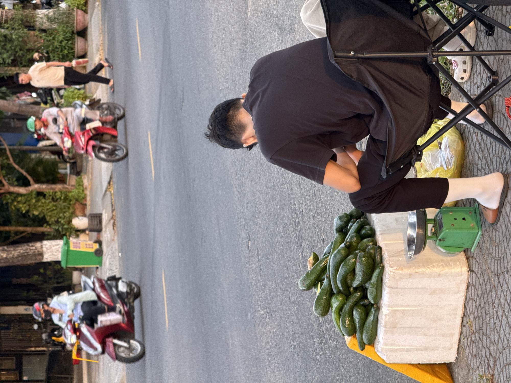 This image depicts a street scene in Đà Nẵng, Vietnam, with a vendor selling avocados by the roadside. In the foreground, a man is seated on a black folding chair, facing away from the camera, his back to a large pile of avocados. A green scale with a metal bowl sits next to a white styrofoam block which supports the avocados. To the left, a yellow object, possibly a cloth or tarp, is visible. In the background, two individuals on motorbikes are seen, one in red and the other in maroon. A green trash bin is also present in the background. The road is paved with asphalt, and there are trees and buildings lining the street. The lighting suggests it is daytime, likely late afternoon.