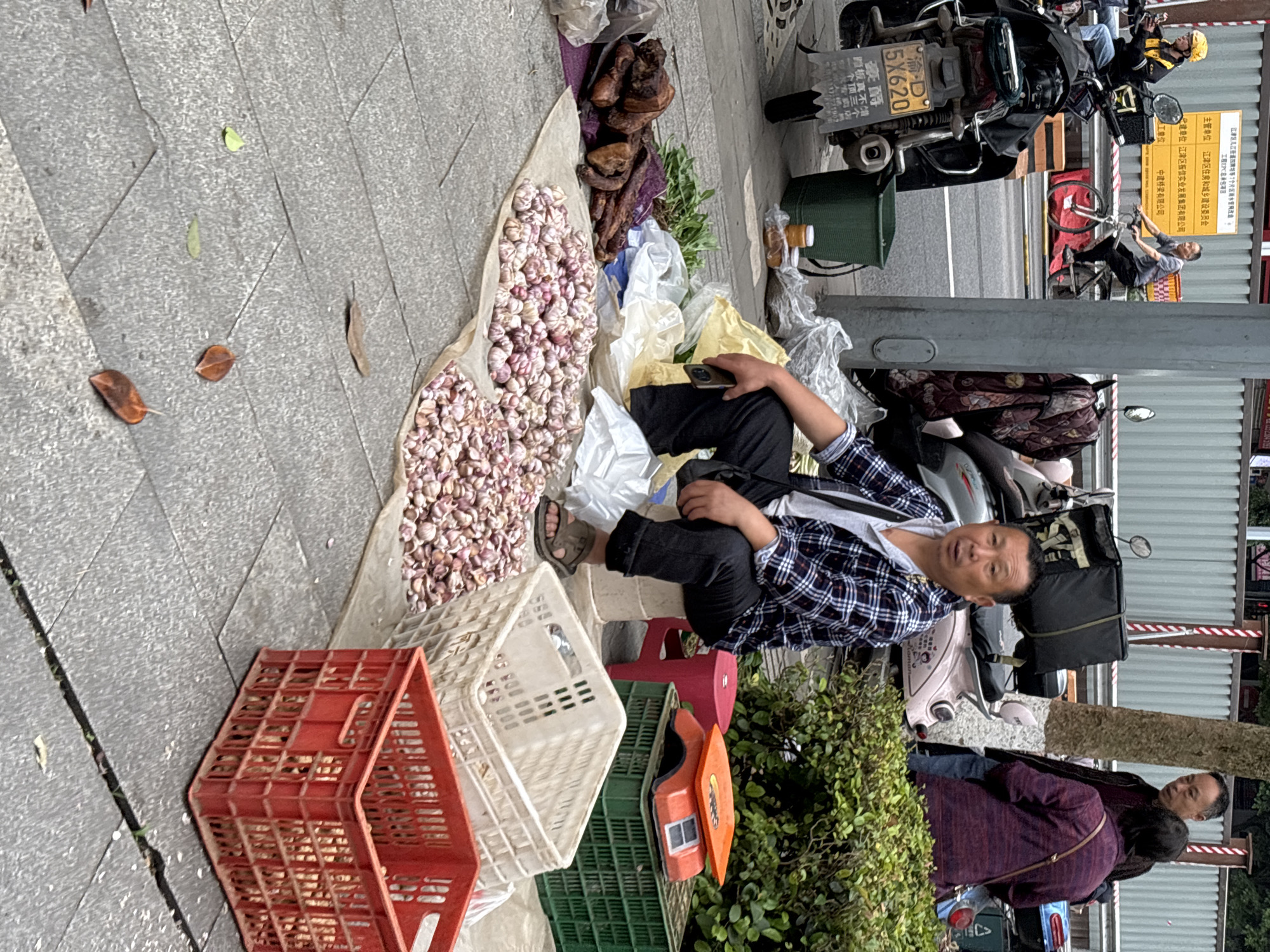 The image shows a man sitting on a small red stool on a sidewalk in Jiangjin, China. He is selling garlic and dried meat laid out on a beige sheet. He is wearing a blue and white plaid shirt and black pants. Beside him are several crates, including red, white, and green ones. Behind him, there are parked scooters and bicycles, a tree, and a sign with Chinese characters that references Jiangjin District and the Jiangjin Zhenxin Industrial Development Group Co., Ltd. In the background, two people are walking by.