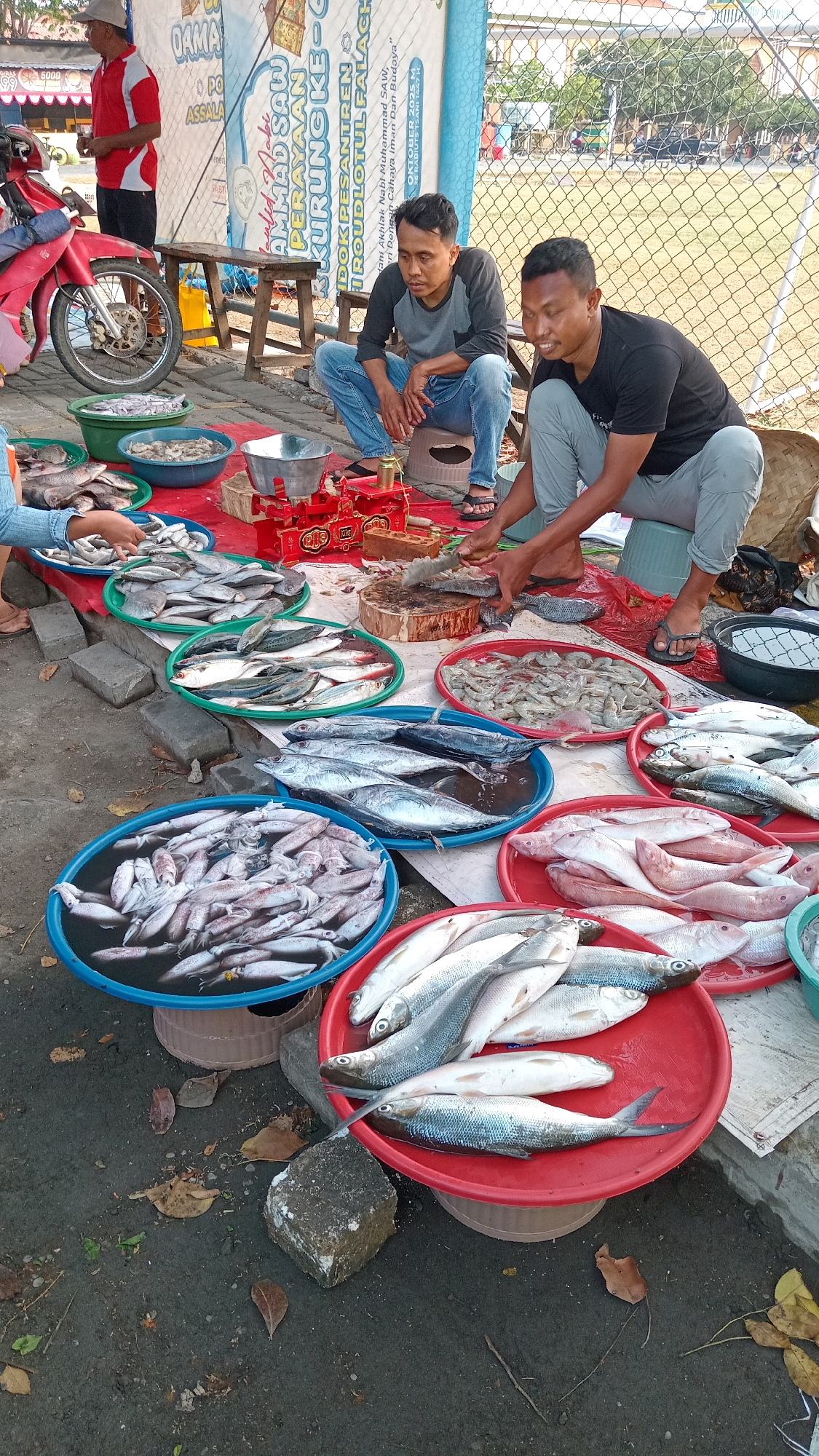 A street-level outdoor market scene in Pongangan, Indonesia, features a variety of fresh seafood for sale. Two men are actively engaged in the market. One man, wearing a black t-shirt and grey pants, squats on a blue stool, his hands resting on a wooden cutting board as he prepares fish with a knife. The other man, in a grey long-sleeved shirt and blue jeans, squats on a beige stool, looking down towards a red scale. A third man in a red and white shirt stands further back near a red motorcycle. Numerous plastic basins and red circular platters are filled with different types of fish, including squid, shrimp, and various whole fish, arranged for display and sale. A red weighing scale sits on a red cloth-covered table, indicating commercial activity. The ground is a mix of asphalt and dirt, with fallen leaves scattered around. A chain-link fence forms the backdrop, suggesting the market is located near a sports field or open area. Promotional banners with Indonesian text are visible behind the stalls.