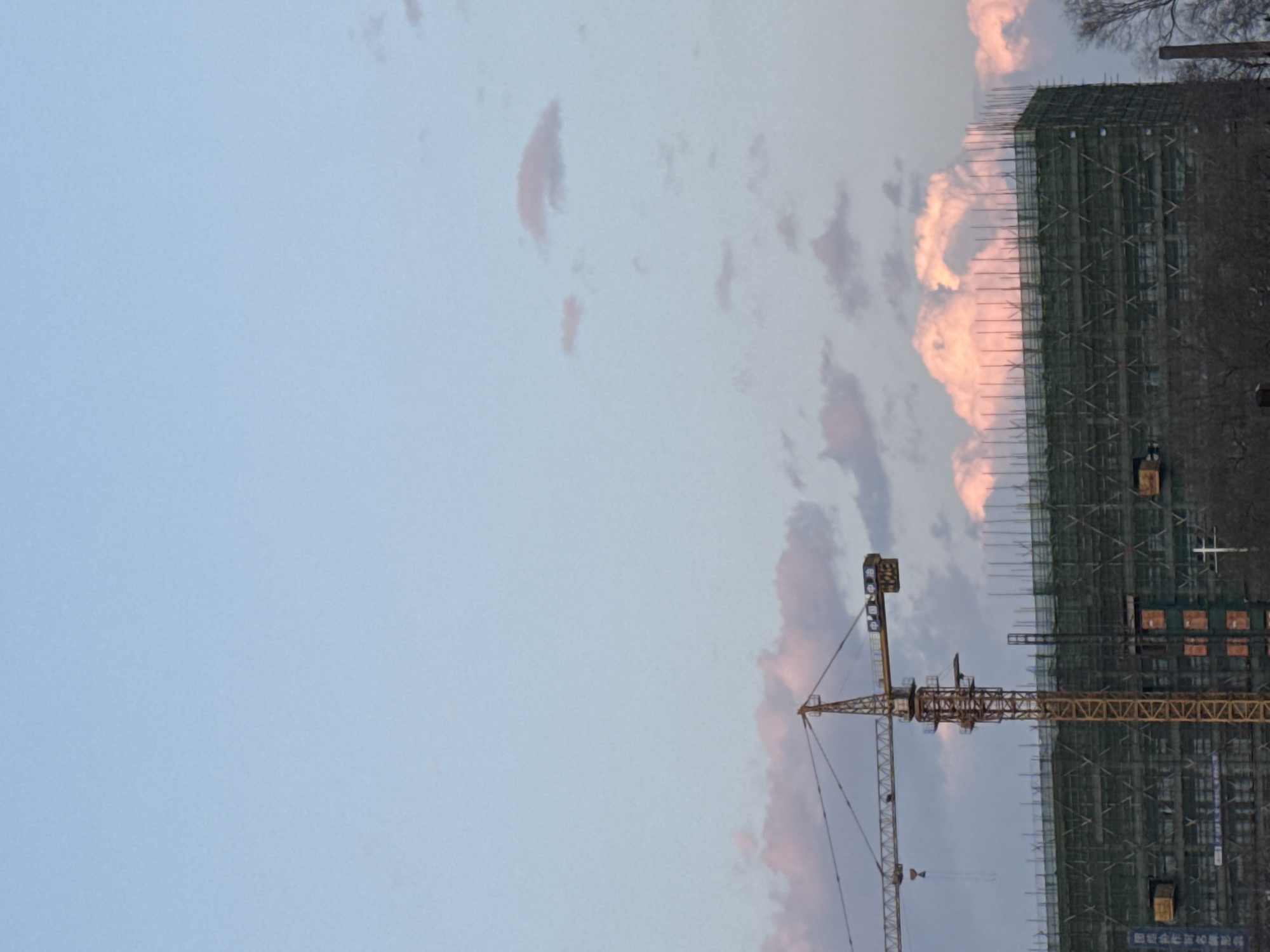 The image shows a construction site in Zhongtun, China. A tall building is under construction, covered in scaffolding. A yellow crane is operating on the site. The sky is pale blue with scattered pink-tinged clouds. A few tree branches are visible at the upper right corner.