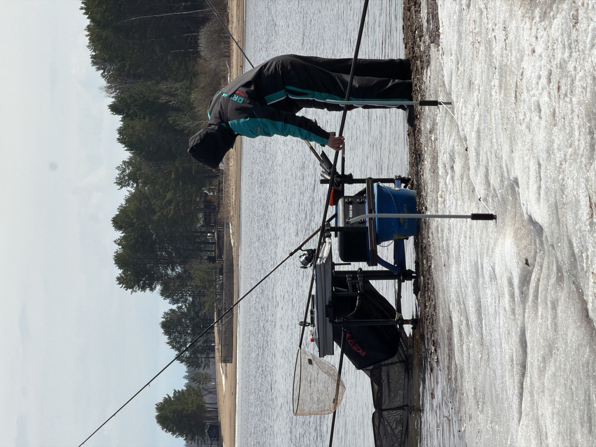 The image, oriented sideways, shows a person engaged in fishing by a body of water in Chaykovsky, Russia, under bright daylight. The individual is wearing a black and teal hooded jacket with the brand name "DRAGON" visible on the back, and black trousers. They are leaning forward, appearing to adjust or tend to their fishing equipment.
The fishing setup is extensive, featuring multiple fishing rods positioned in holders. The person stands near a specialized fishing station, which includes a seat or platform, attached rod rests, and a blue bucket that may have "WIZA" partially visible on its side. A black bag with a "SALMO" logo and other equipment, including a landing net, are also present. The text "FEEDER TITAN" is visible on a component of the fishing apparatus.
The immediate foreground reveals a substantial layer of textured, glistening ice, indicating cold weather, likely early spring. Beyond the icy bank, the calm surface of a wide body of water extends towards a distant, sandy shore. A dense evergreen forest lines the far bank, situated beneath a bright, light gray sky. The scene depicts a solitary and focused activity in a natural, cold, and serene outdoor setting.