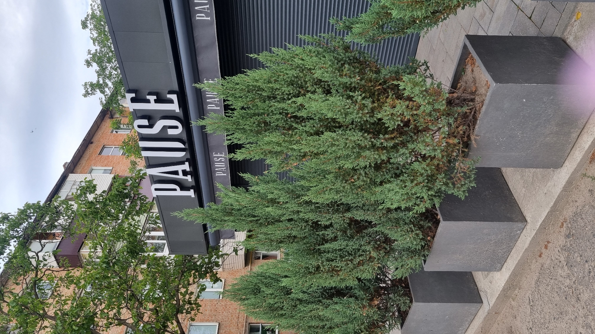 In Smila, Ukraine, a row of three square, dark gray planters containing green coniferous trees sits on a concrete ledge. Behind the planters, a dark gray facade building with a large white "PAUSE" sign is visible. Below the main sign, smaller "PAUSE" text appears multiple times on a dark awning. A building with red brick and white and brown balconies is situated behind the facade building, partially obscured by trees. The ground in front of the planters is a textured concrete sidewalk, and a grey rolling shutter door is visible behind the awning. The sky is overcast.