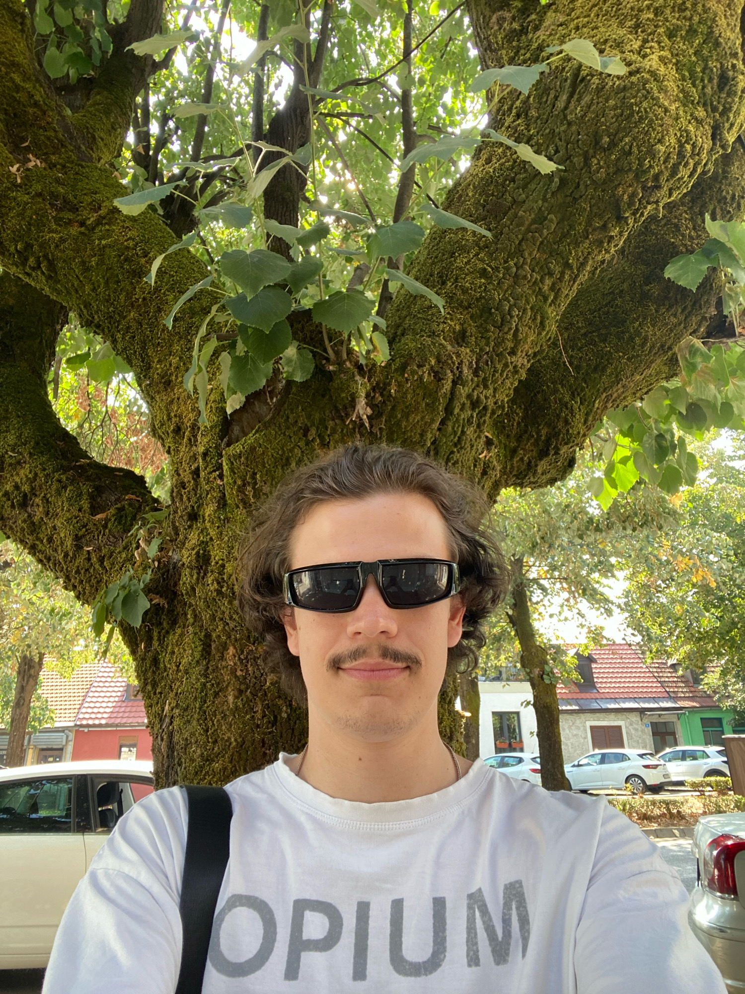 A young man with shoulder-length brown curly hair, a mustache, and black sunglasses is taking a selfie. He is wearing a white t-shirt with "OPIUM" printed in gray letters and a black strap over his left shoulder. He is standing in front of a large, moss-covered tree with a thick trunk. In the background, there are residential buildings with red-tiled roofs and parked cars, indicative of a street scene in a town. The overall setting suggests a sunny day in a residential area. The presence of the tree and the architecture of the buildings strongly suggest the location is in the historical center of Cetinje, Montenegro, a city known for its lush vegetation and traditional architecture.