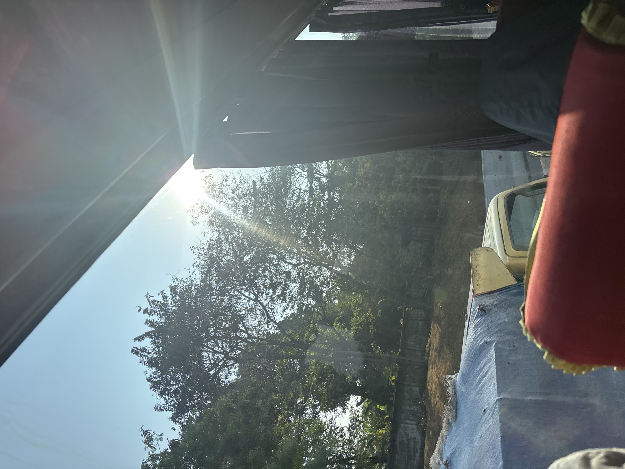 The image captures a view from inside a vehicle, looking out through a window. The foreground is dominated by the interior of the vehicle, with a blurred red object, possibly a seat cushion, in the lower portion of the frame. To the left, a portion of a blue tarp-covered object is visible, likely part of cargo.
Beyond the vehicle's interior, the scene opens to a bright, sunlit outdoor environment. Tall trees with dense foliage are prominent, silhouetted against a clear blue sky. The sun is shining intensely, creating lens flare and a strong glare that washes out parts of the image, particularly on the right side where dark curtains are drawn. In the middle ground, a portion of a yellow truck or vehicle is partially visible behind the tarp. Further back, a low, grey concrete wall runs horizontally, separating the road or immediate area from a gently sloping, dry, grassy embankment. The overall impression is of a sunny day, possibly in a rural or semi-urban area outside of Karawang, Indonesia, given the lush vegetation and the presence of vehicles that could be used for transport or construction. There are no people clearly visible in the image.