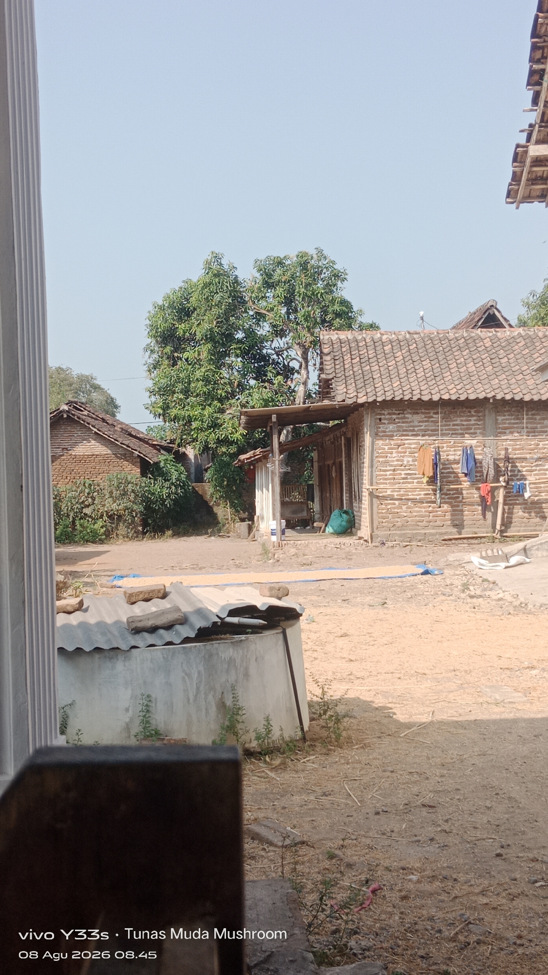 The image depicts a rural scene in Soco, Indonesia, featuring traditional Indonesian houses and vegetation under a clear sky. In the foreground, a partially visible metal water tank with a corrugated metal lid is present. The background shows two brick houses with tiled roofs. The house on the right has clothes hanging outside to dry. A large green tree stands between the two houses. The ground is mostly dirt with some dry grass and a blue tarp spread out, possibly for drying produce. The timestamp on the image indicates it was taken on August 8, 2026, at 08:45.
