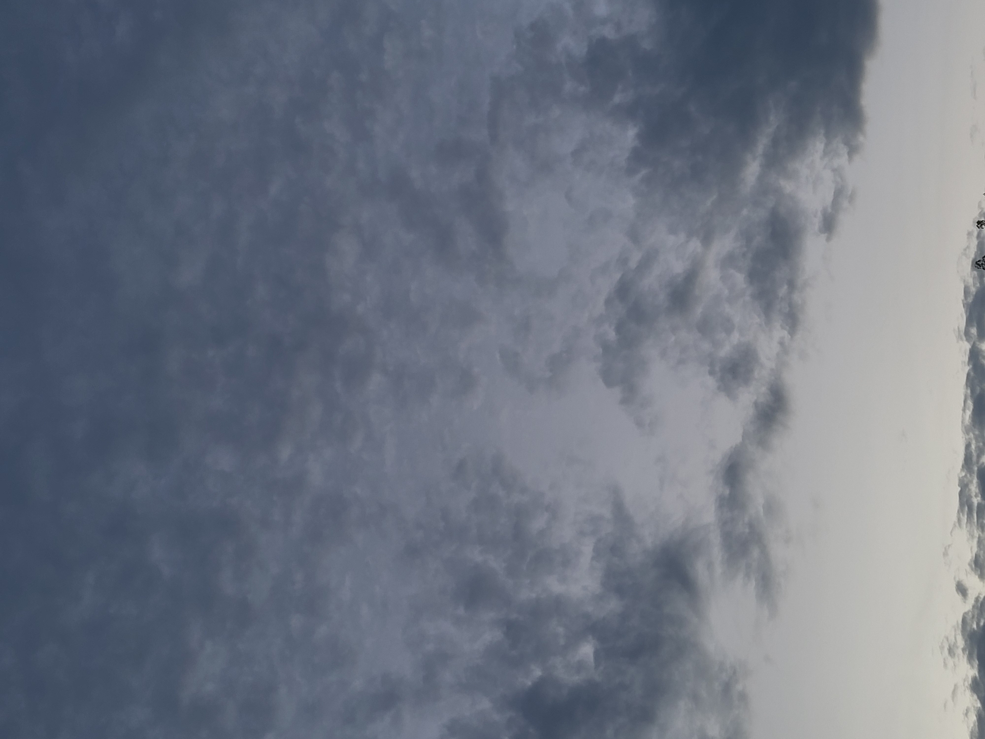 A cloudy sky is shown, with the clouds appearing dark gray and puffy. The lower portion of the image shows a lighter gray sky, with some clouds visible at the very bottom. The top of the image is completely filled with dark gray clouds.