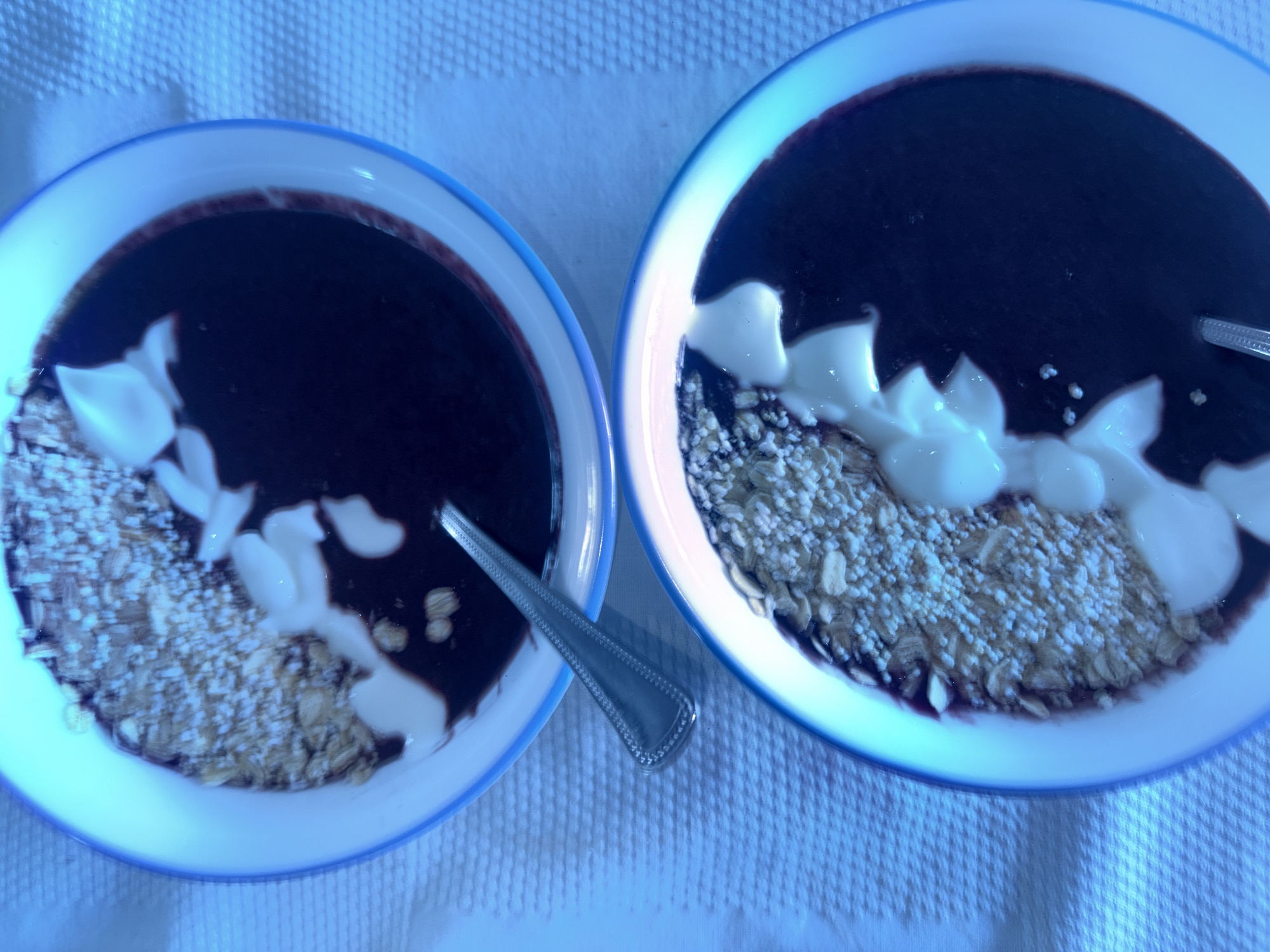 Two bowls containing a dark purplish liquid, possibly acai or a similar fruit puree, are positioned side-by-side on a white textured surface. The bowls appear to have a white interior with a blue rim. Each bowl is topped with a portion of granola or a similar grain-based mixture and dollops of a white substance, likely yogurt or a similar dairy product. A silver spoon is partially visible in one of the bowls. The overall lighting and color cast give the image a bluish tint. The location cannot be determined from the image.
