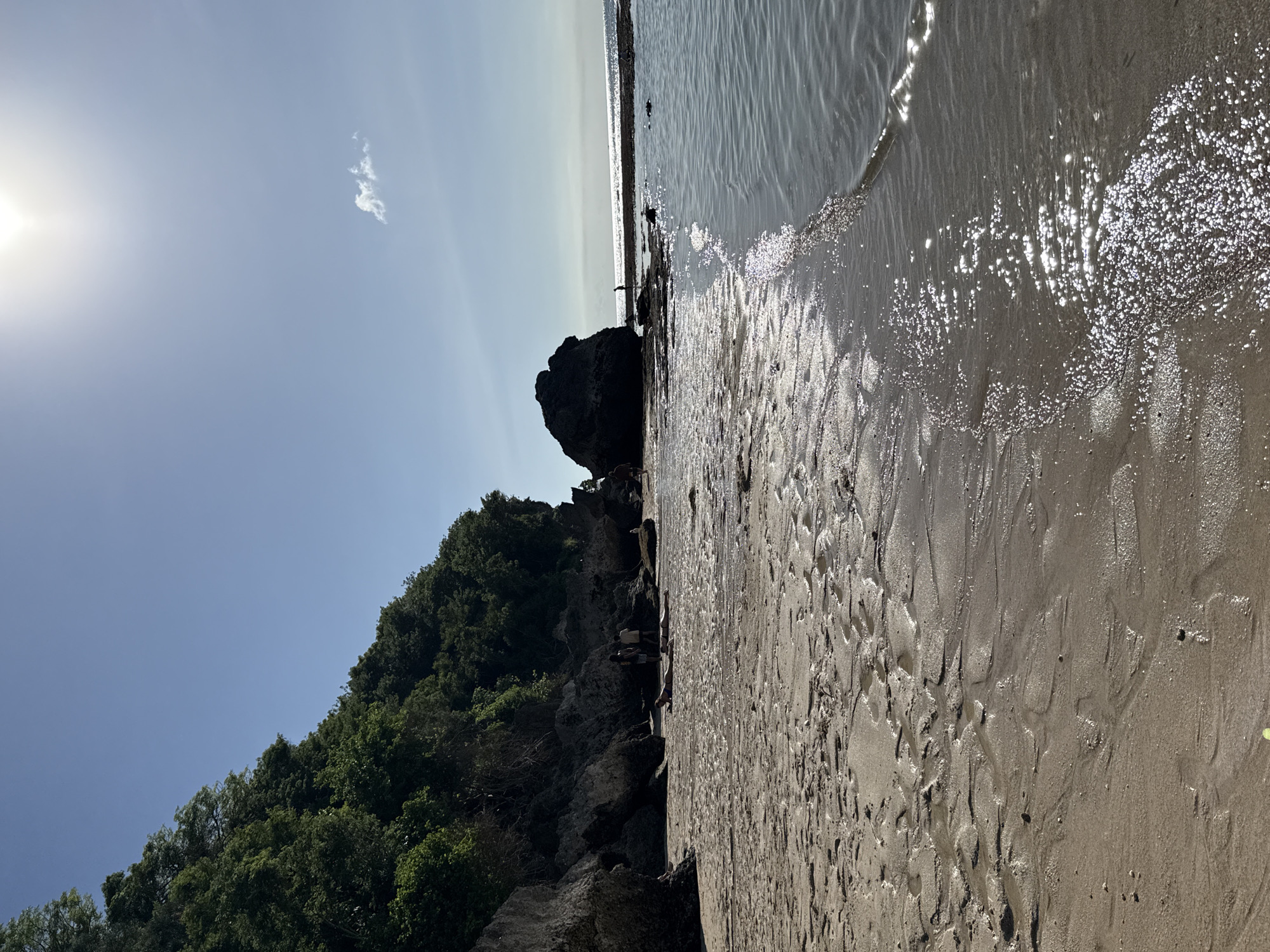 This media file captures a sunny coastal landscape, characteristic of Kuta Selatan, Indonesia. The image is oriented in portrait but depicts a horizontal scene if rotated 90 degrees counter-clockwise.
The top left (when correctly oriented) features a bright, clear blue sky with a prominent sun flare emanating from the upper left corner, indicating a sunny day. A small, wispy white cloud is visible in the middle of the sky.
The right side of the image showcases the sea and a wet sandy beach. The water appears calm, with gentle ripples reflecting the bright sunlight, creating numerous sparkling highlights on the surface and across the wet sand where the waves have receded. The sand itself displays intricate textures and patterns left by the water.
On the left, a dark, rocky landmass forms a steep hillside or cliff, densely covered with lush, vibrant green tropical vegetation. Large, dark rocks are visible at the base of this landform and extend into the water. Several human figures, appearing as dark silhouettes, are scattered along these rocks and the water's edge, suggesting people exploring or enjoying the shoreline.
The strong sun glare and reflective surfaces suggest it is daytime, possibly early morning or late afternoon, given the relatively low angle of the sun. The scene evokes a tranquil and picturesque tropical beach environment. No visible text is present in the image.