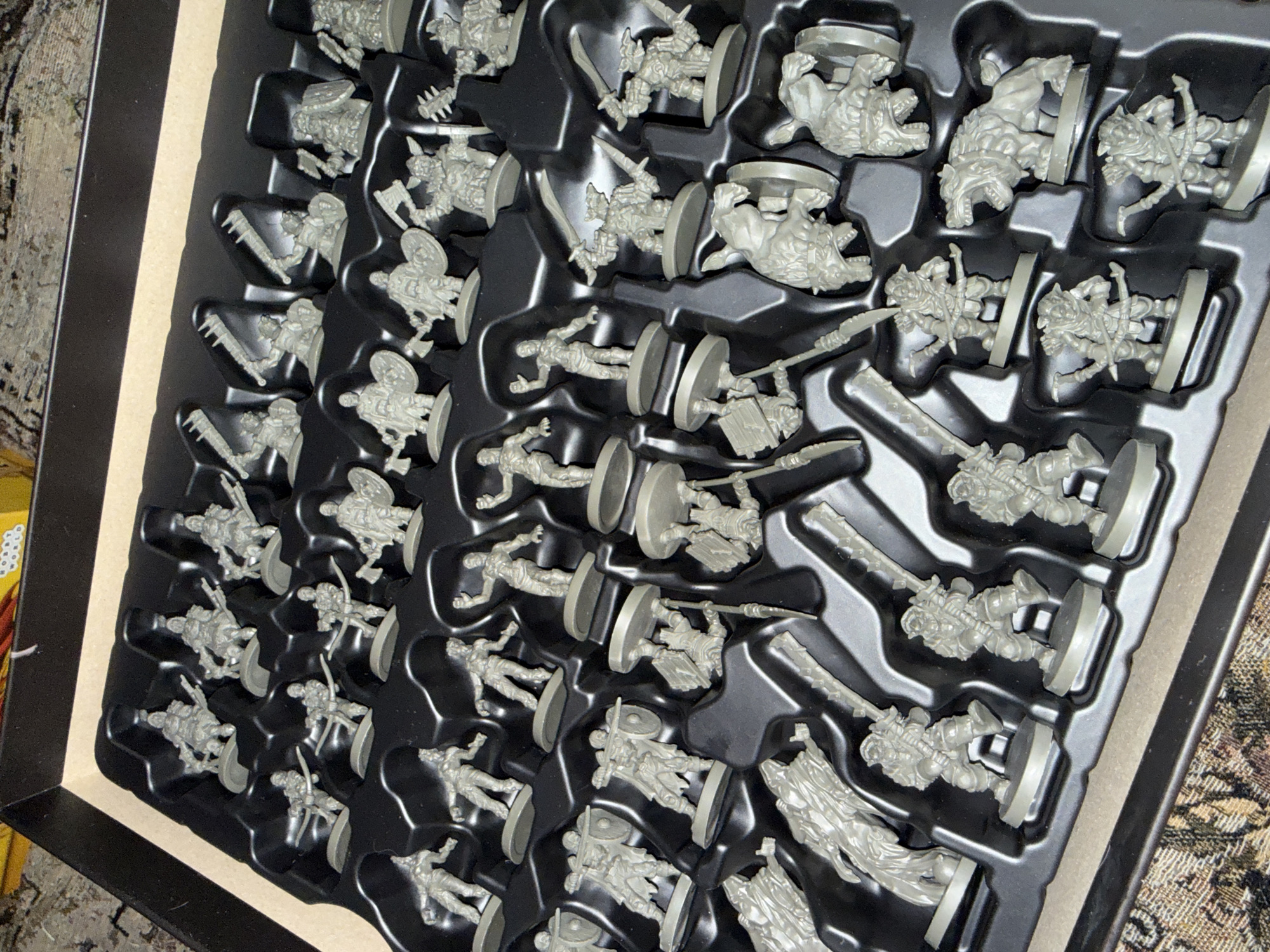 The image shows a black tray filled with unpainted plastic miniatures, likely for a tabletop game. The miniatures are arranged in a grid-like pattern, each in its own molded compartment within the tray. The miniatures appear to be fantasy-themed, depicting various figures such as humanoids, warriors, and monstrous creatures. They are mounted on round bases, indicating they are intended for wargaming or similar activities. The tray is inside a box, possibly the game box the miniatures came in. The background is out of focus, but it appears to be a carpeted surface. There is no indication of Moscow, Russia.
