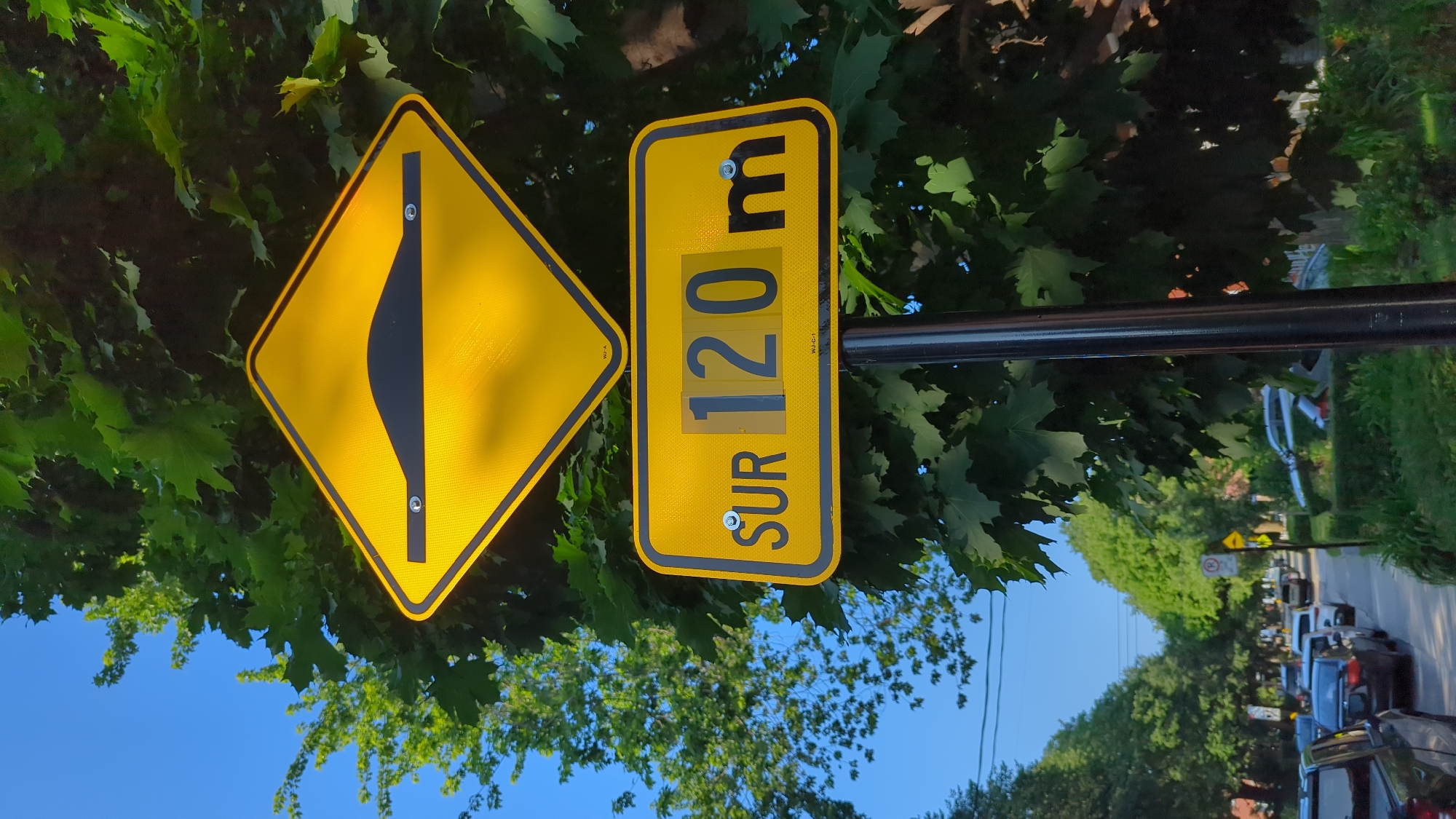 Two yellow traffic signs are mounted on a black pole in front of lush green trees and a bright blue sky. The top sign is diamond-shaped and depicts a black speed bump. The bottom sign is rectangular and has a black border. Inside, the word "SUR" is written in black text, followed by the numbers "120" in a lighter shade of yellow, and the letter "m" in black. This indicates that a speed bump is present in 120 meters. The background shows a residential street in Montreal, Canada, with parked cars and trees lining the sidewalk. The image appears to be taken during the daytime, with sunlight illuminating the scene.