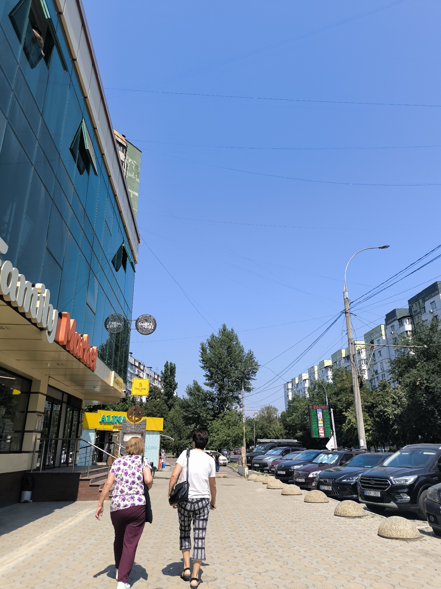 The image depicts a street scene in Chișinău, Moldova, on a clear, sunny day. In the foreground, two women walk away from the camera on a patterned pavement. The woman on the left wears a white floral top and burgundy pants, carrying a black tote bag. The woman on the right is dressed in a white t-shirt and black and white patterned capri pants, also carrying a black bag.
To the left of the pavement is a modern building with a glass facade, featuring the signage "Family Market" in large white letters. Several windows on the building are open. A circular sign with Cyrillic text is visible on the glass facade. Further along the street, a yellow sign with Cyrillic lettering reading "ALINA" is mounted above an entrance.
The street is lined with parked cars, including a black Ford, a dark brown SUV, and a black Lexus. A street lamp with multiple wires extending from it stands on the right side of the image. In the background, multi-story apartment buildings are visible, interspersed with trees. A digital display board showing exchange rates is mounted on a pole. The overall environment suggests an urban commercial and residential area.