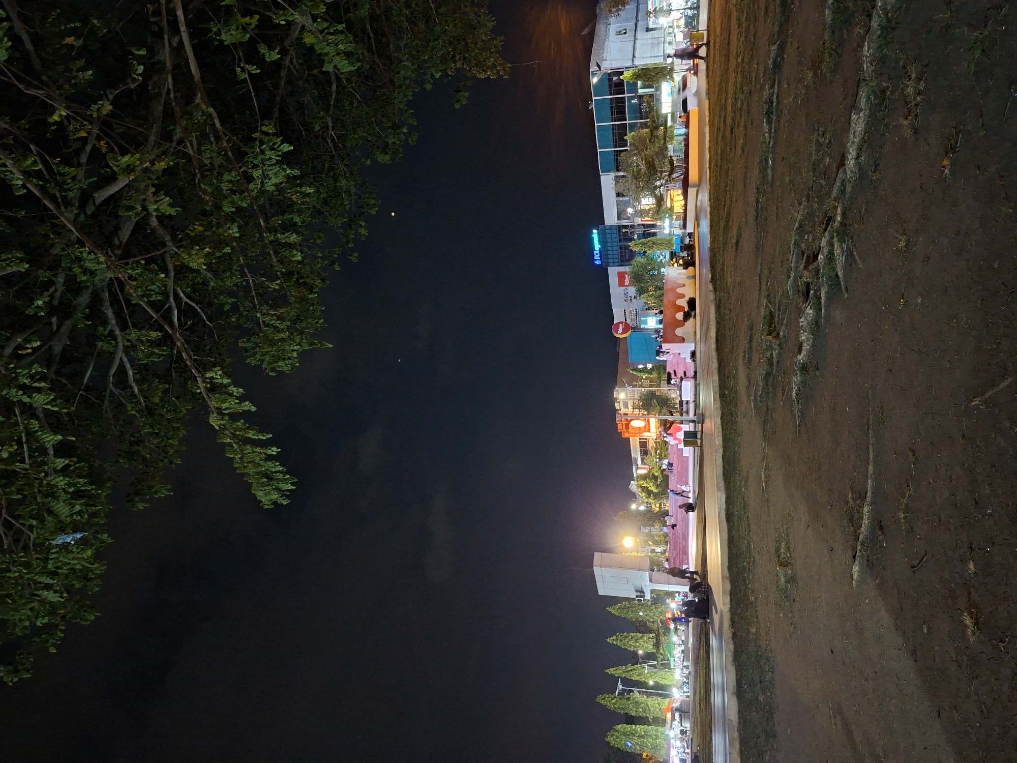 This nighttime image captures an urban scene in Lhokseumawe, Indonesia, characterized by artificial lighting against a dark sky. On the left side of the frame, dense green foliage from large trees extends downwards and across, silhouetted against the dark expanse of the sky. Their branches and leaves are clearly visible, albeit in low light.
The right side of the image features a bustling street or plaza area. Several commercial buildings with illuminated windows and vibrant signs line the space. Along a paved pathway in front of these buildings, numerous people are visible, either standing, walking, or sitting. Their figures are somewhat indistinct due to the distance and varying light conditions, but they appear to be engaged in typical evening activities. Further to the right of the paved area, there is a stretch of unpaved ground, consisting of dirt and sparse grass.
Artificial lights from streetlamps, building interiors, and commercial signs brightly illuminate the right half of the scene, creating a stark contrast with the darker, natural elements on the left. The sky is clear, indicating fair weather.
Visible text on the building signs includes "ICICI வங்கி" (ICICI Bank) in Tamil script, "BCA Express," a red circular logo resembling "Redbox," and "Pizza Hut."