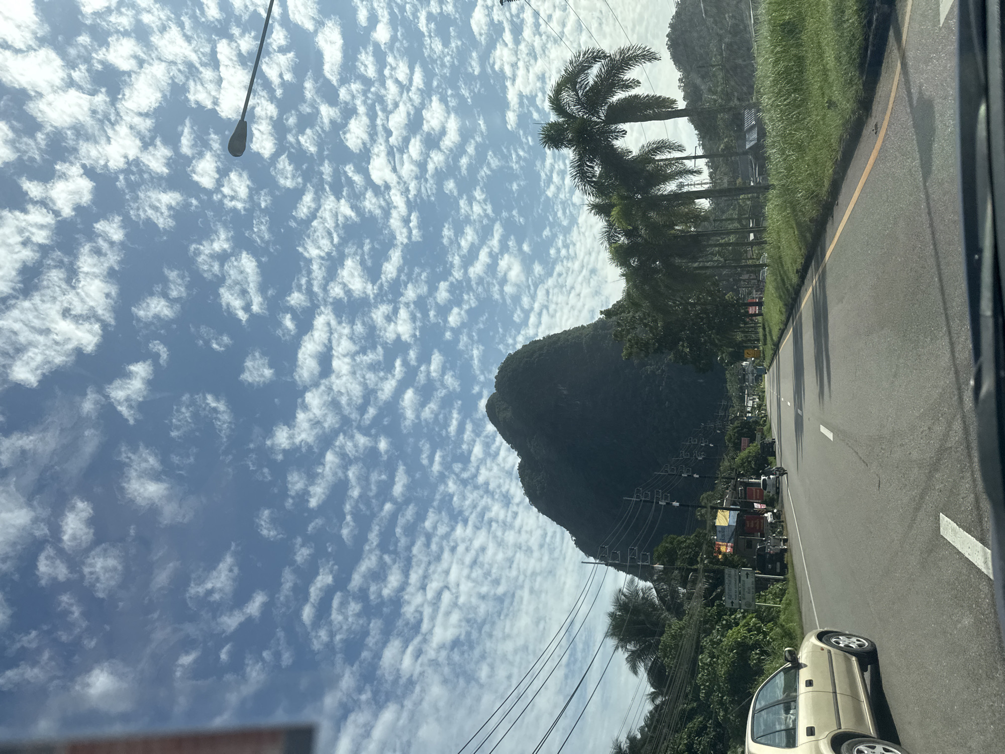 In the city of Phang-nga, Thailand, a road runs through a landscape dominated by a large, dark green, jungle-covered karst mountain under a bright blue sky scattered with a dense pattern of small, fluffy white clouds. On the right side of the road, a row of tall, slender palm trees lines the grassy verge. On the left, a beige sedan is traveling on the road. The road itself is paved and has white lane markings. Utility poles and power lines are visible along the left side of the road, and a few small buildings are nestled amongst the trees. A streetlamp stands on the right side of the road, further down. The scene appears to be captured from a vehicle moving along the road.