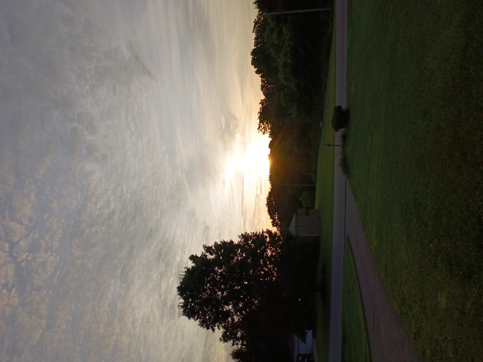 The image depicts a suburban street scene at dusk or dawn. A large, silhouetted tree dominates the left side of the frame, partially obscuring two houses. One house, with a red roof, is visible on the far left, and a smaller brick structure with a white-framed window is situated to its right. A paved driveway extends from the street towards the house on the left, and a grassy lawn occupies the foreground. A road runs horizontally across the middle ground, separating the lawn from the houses and the wooded area beyond. The sky is filled with wispy, elongated clouds, catching the soft light of the setting or rising sun, which is partially visible behind a dense line of trees in the background on the right. The overall impression is one of quiet suburban tranquility. The location is stated to be the city of Richmond, United States, though no specific landmarks or identifying features confirm this.