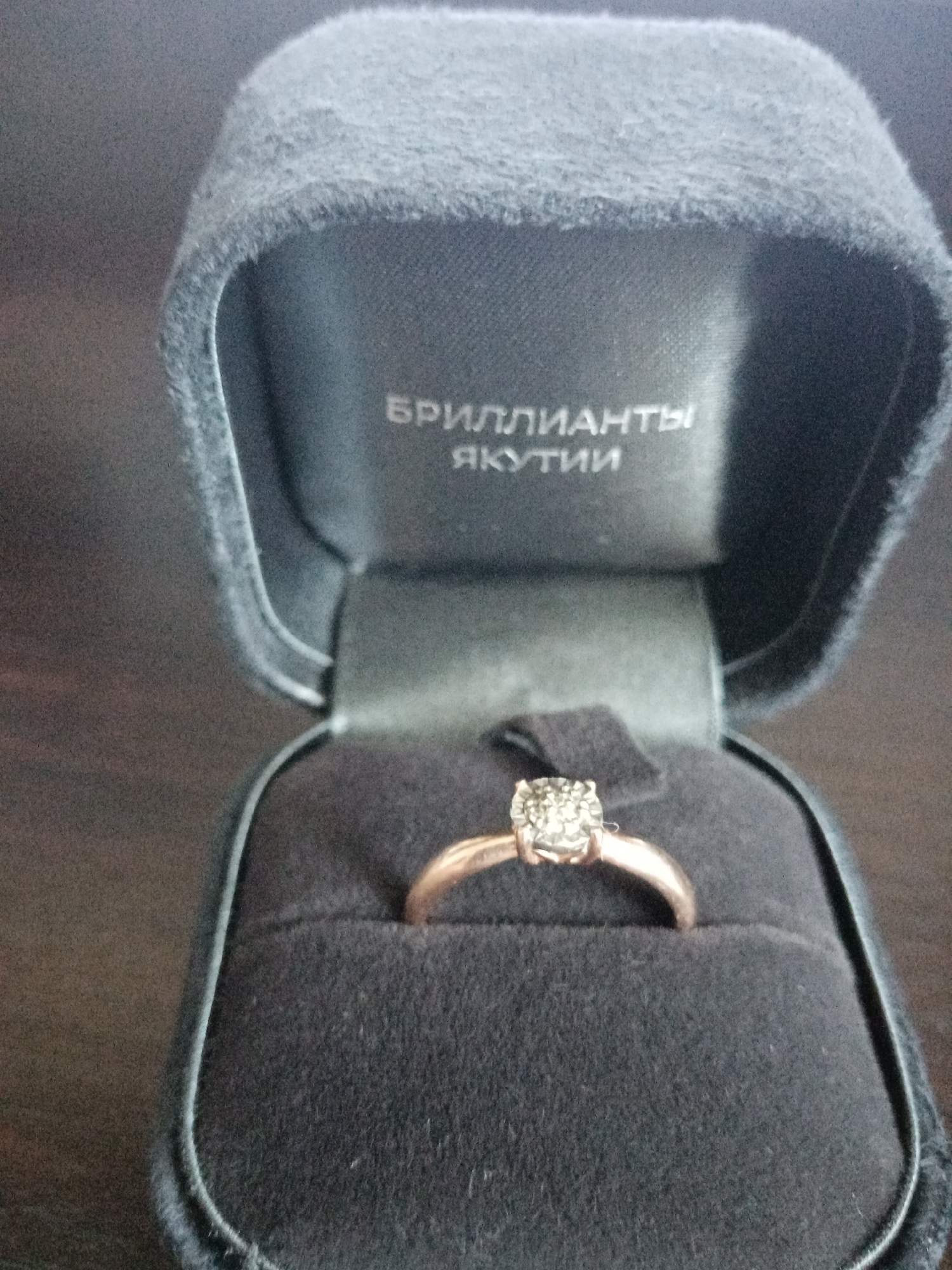 A close-up shot depicts a gold ring with a diamond in a black velvet ring box. The inside of the lid reads "БРИЛЛИАНТЫ ЯКУТИИ" (Diamonds of Yakutia) in Cyrillic script. The ring is centered within the box, which is positioned on a dark brown surface. The image does not provide information to confirm the location of Elektrostal, Russia.