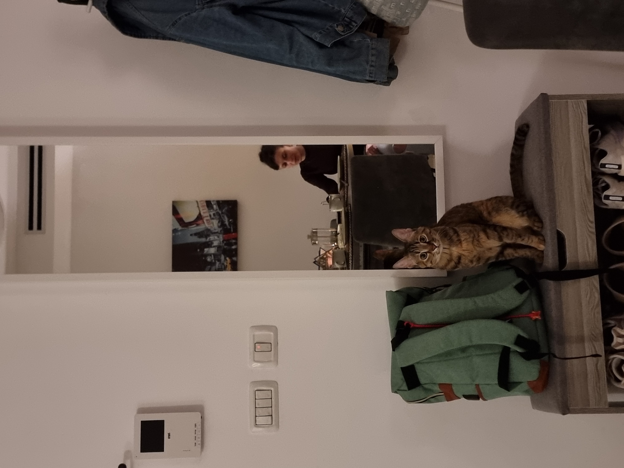 A mirror in Ramat Gan, Israel, reflects a young person and a shelf with items, including a teapot. A cat is laying on a shelf. A backpack and light switches are on the wall. A denim jacket hangs from the wall.