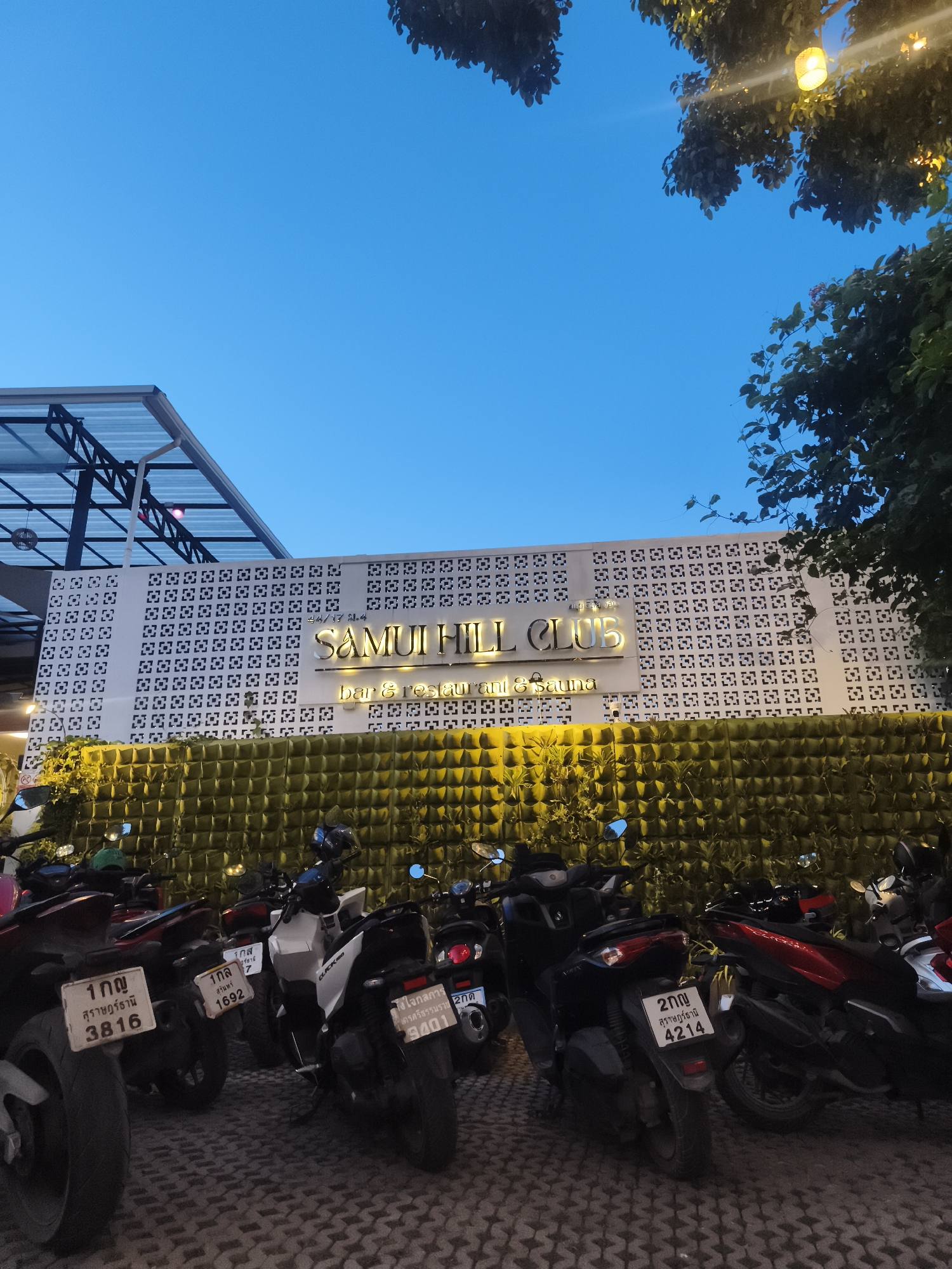 The image captures the exterior of the Samui Hill Club in บ้านบางรักษ์, Thailand. The building has a distinctive white patterned facade with the club's name in illuminated letters. A low hedge with integrated lighting runs along the base of the facade. A parking area in front of the building is filled with parked motorbikes, their license plates visible. The sky transitions from twilight blue to darker above the building. Tree branches and a street lamp are visible in the upper right corner. A partially visible covered structure is on the left side of the frame.