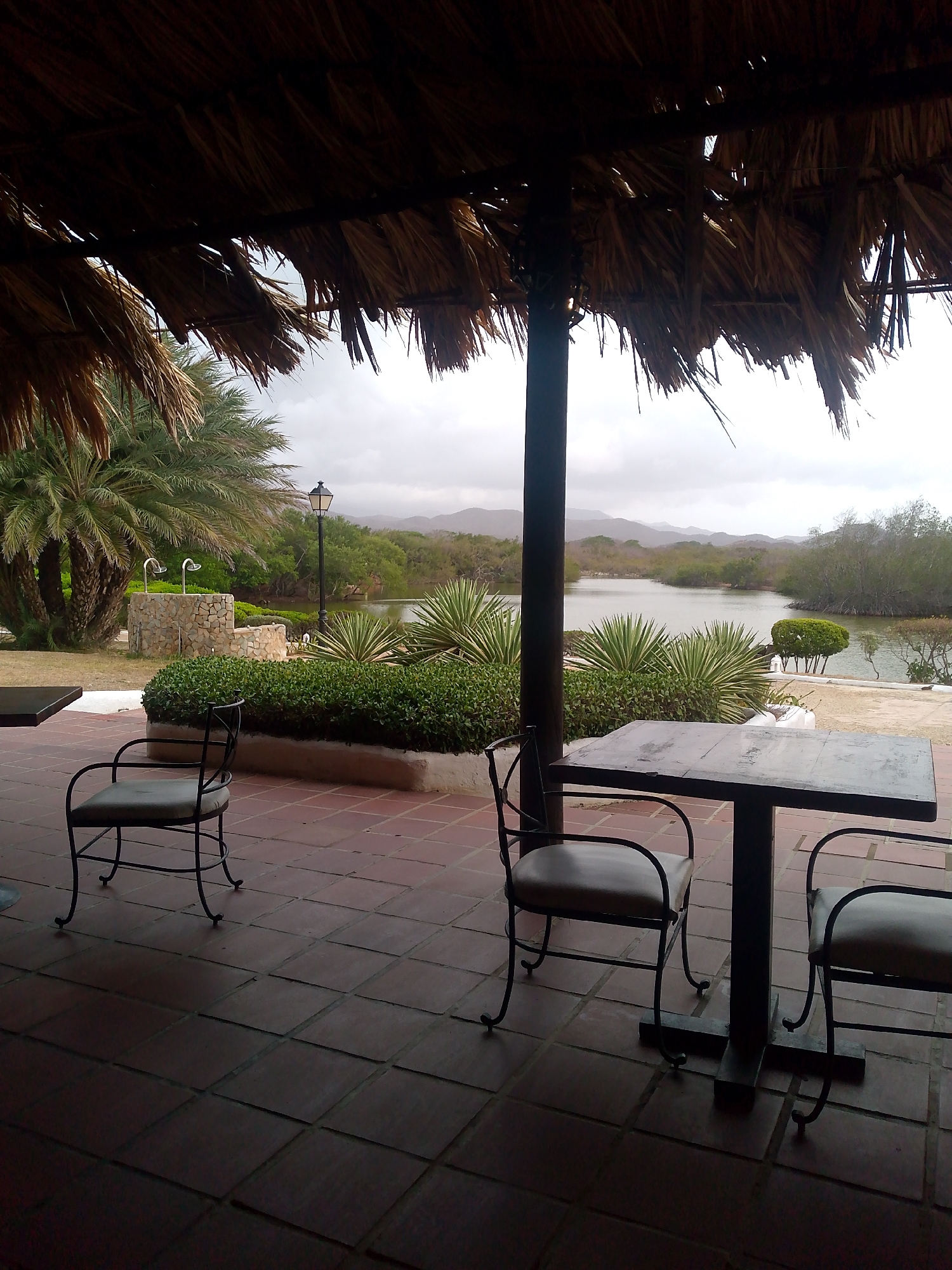 The image shows an outdoor dining area, likely a patio or veranda, overlooking a body of water. The area is under a thatched roof structure, with dark brown support beams visible. The floor is paved with reddish-brown square tiles. There is a dark, square table with two chairs at the right side of the frame, and another chair alone at the left. The chairs are wrought iron with light-colored seat cushions.
Beyond the patio, there's a low wall with neatly trimmed shrubbery. Behind that is a body of water surrounded by trees and plants. A lamp post is visible on the edge of the water. In the distance, there are hills or mountains under a cloudy sky.
Based on the prompt, the location is Pedro González, Venezuela. The scene suggests a restaurant, resort, or private residence with a view of a lagoon or lake.
