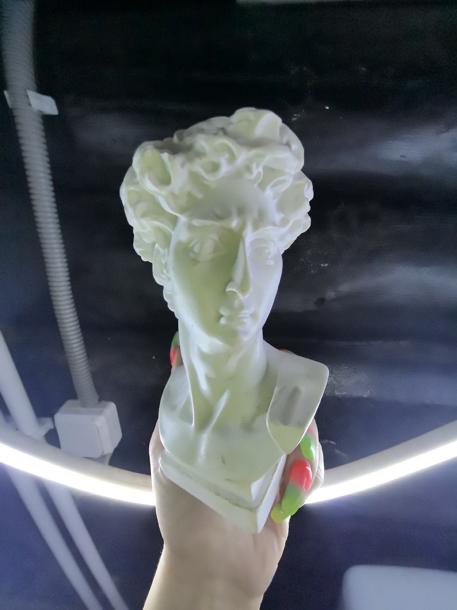A person's hand holds a white plaster bust of a male figure with curly hair and classical features. The background is dark, with white tubing and electrical boxes visible. A ring light encircles the hand holding the bust. The location in the city of Noviy, Russia, is not determinable from the visual information in the image. The person has long, stylized nails with a red and green gradient design. There are no visible actions or interactions occurring besides the hand holding the bust.