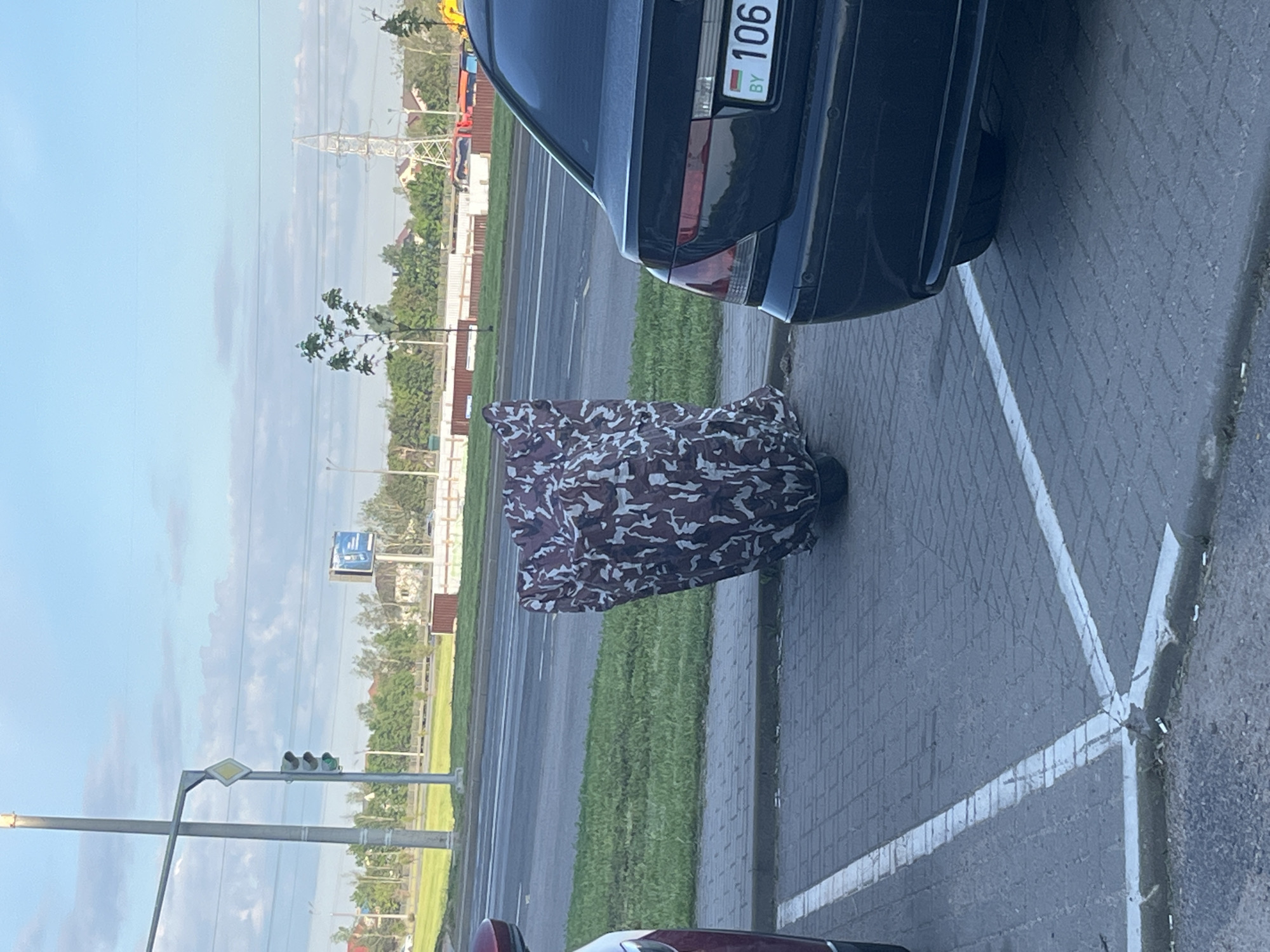 The image depicts an outdoor daytime scene, likely in a suburban or roadside area. The perspective is from ground level, looking towards a road and distant buildings.
In the foreground and right side, a paved area with white parking lines is visible. A dark-colored sedan, possibly black or dark blue, is parked with its rear facing the viewer. Its license plate clearly shows "BY" (indicating Belarus) and the numbers "106". Directly behind the car, on the paved ground, rests a large, irregularly shaped object covered in a distinctive camouflage pattern of brown, white, and grey/dark tones. It appears to be a bag, cover, or bundled item.
To the left of the paved area, a road with a narrow grassy median strip stretches into the distance. The road surface appears somewhat damp or reflective. Further left, a utility pole supports a traffic light, which shows a green signal, and a yellow diamond-shaped road sign, typically indicating a priority road.
The background features a line of trees, behind which several houses or buildings are visible. A large electricity pylon stands out against the sky in the mid-ground. The sky above is mostly clear with a few scattered clouds, suggesting a sunny day, likely late morning or afternoon.
No people are present in the image. The scene is static, capturing a moment with parked vehicles and urban infrastructure under clear weather conditions, with location cues confirming it to be in Belarus.