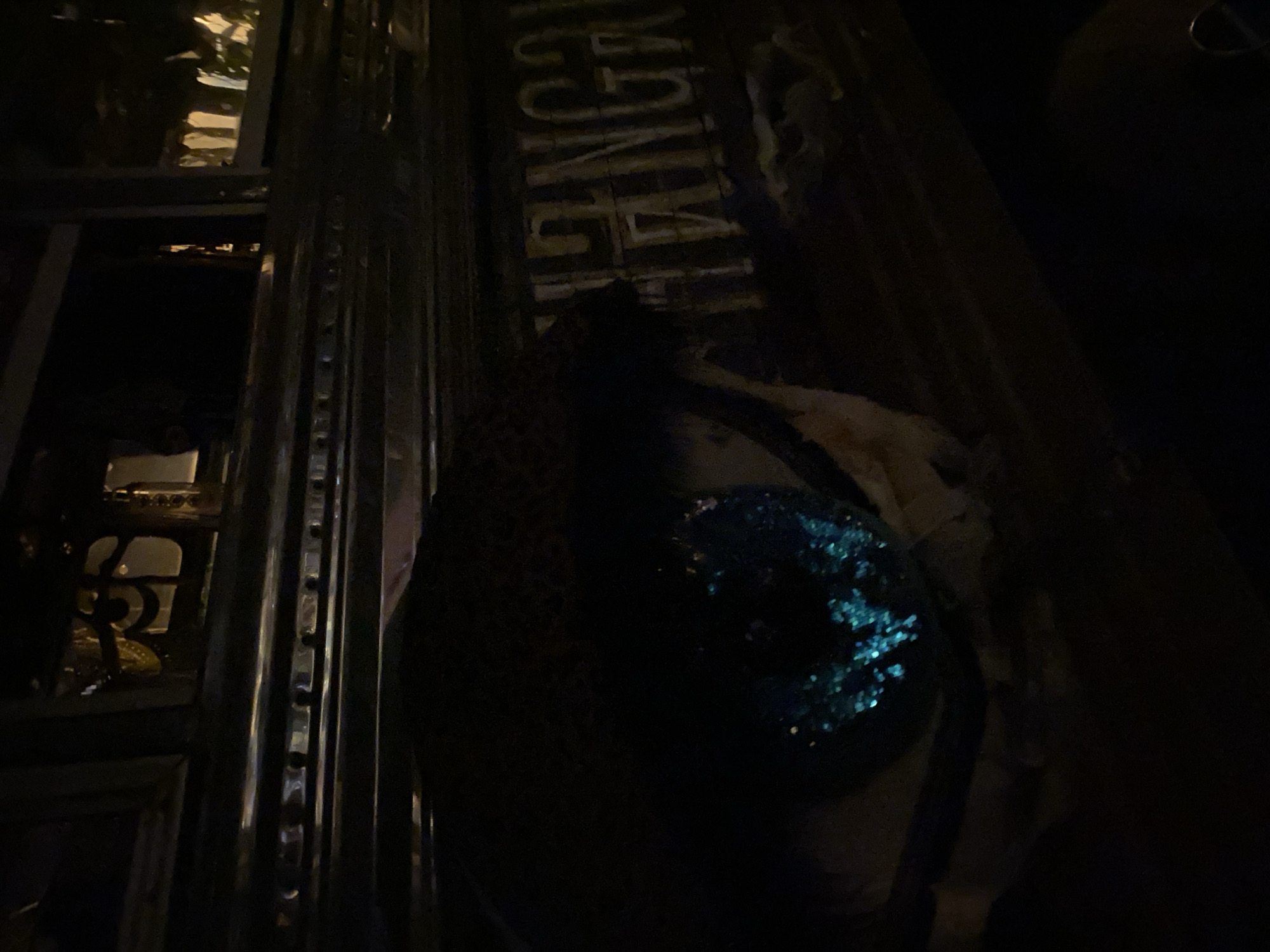 Captured in Baan Nai Suan, Thailand, the image presents a dimly lit interior or a night scene. A metal-framed structure with ornate details occupies the left side, possibly a door or window. Beside it, an aged sign with faded lettering is partially visible. In the foreground, a person wearing a sequined blue top stands, largely obscured by the darkness, with a patterned jacket or garment draped over their shoulder. The environment is dark, making details indistinct.