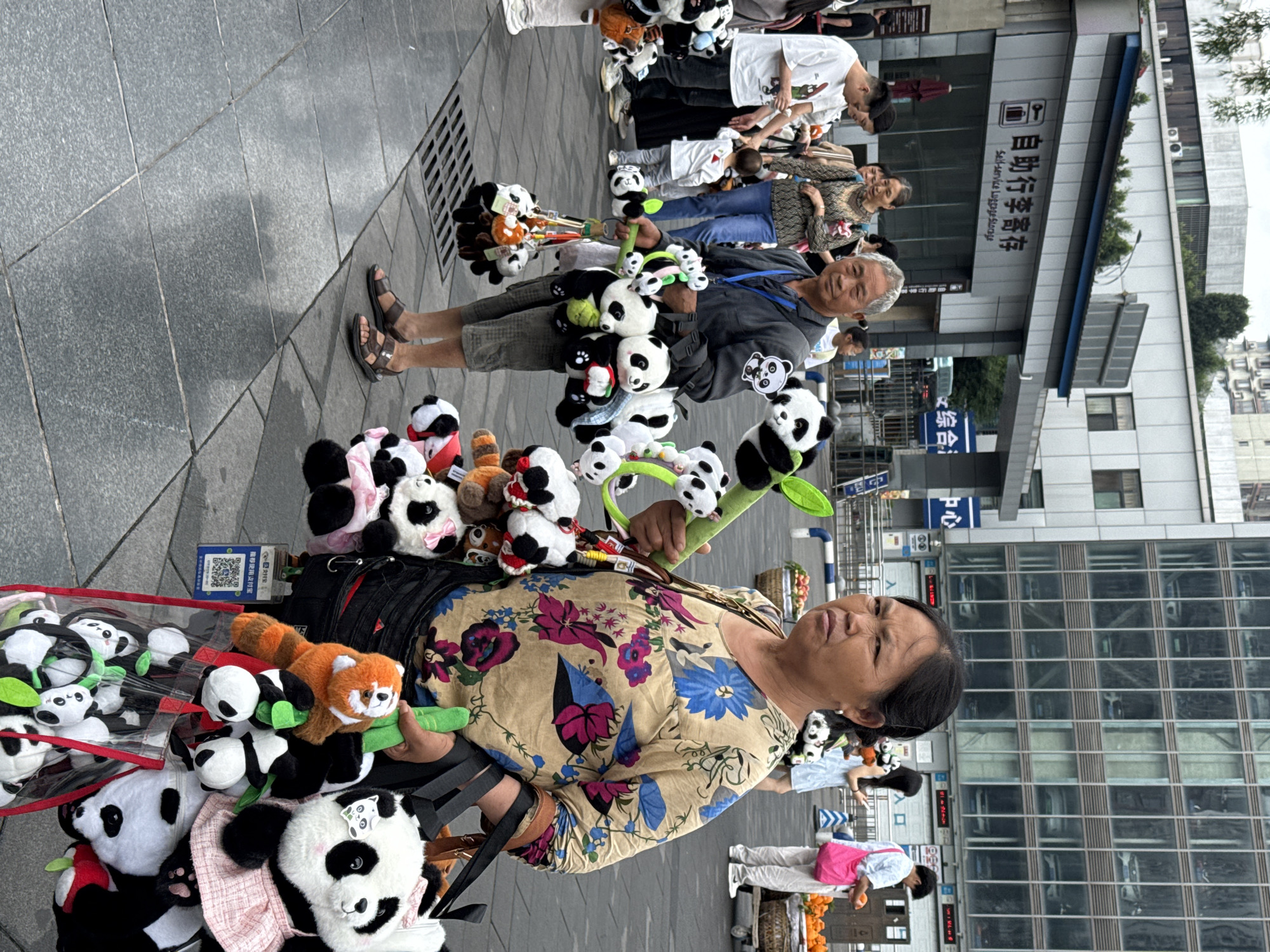 On a gray-tiled surface in what appears to be the Jiulongpo District in China, stands a woman with dark hair and a floral top, burdened with an array of stuffed panda toys, some encased in clear plastic. Adjacent to her, a man in sandals and a gray jacket also holds a selection of panda toys. To their right stands a building with Chinese characters that translate to "Self-service Luggage Storage," suggesting a service point. Further back, other pedestrians walk by, and beyond them is a taller, glass-paneled building. The scene is bathed in natural daylight, captured from an angled perspective, making the objects and people appear distorted vertically.