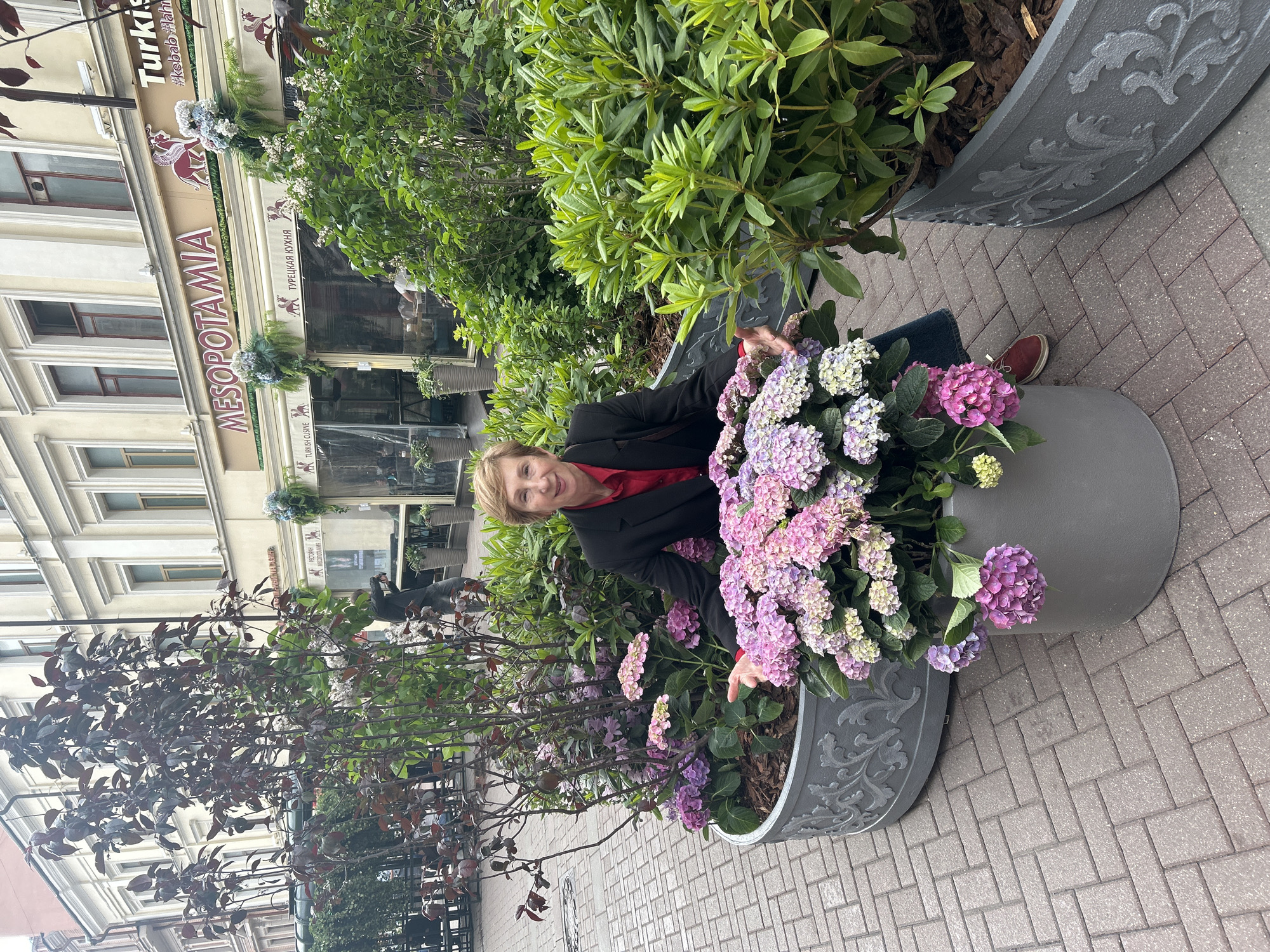 An outdoor, eye-level shot captures a smiling woman posing amidst decorative street planters in what appears to be an urban setting. The woman, with blonde hair, wears a black jacket over a red top and reddish-brown shoes. She is positioned between two large, grey planters adorned with ornate floral patterns, one of which is filled with abundant pink, purple, and light green hydrangea flowers. She gently gestures towards the flowers with her right hand.
Behind the woman and the planters, lush green bushes and trees create a vibrant backdrop. The ground is a neatly paved sidewalk with a light brown and grey brick pattern. In the background, multi-story buildings with light-colored facades and numerous windows line the street, indicating a bustling city environment.
Several shop signs are clearly visible on one of the buildings. A prominent sign reads "MESOPOTAMIA" in large, stylized letters. Above it, another sign states "TURKISH CUISINE" and "#Kebab#Halal". Below the "MESOPOTAMIA" sign, "TURKISH CUISINE" is repeated, and further down, text in Cyrillic characters spells out "ТУРЕЦКАЯ КУХНЯ" (Turkish Cuisine) and "РЕСТОРАН" (Restaurant), confirming the establishment is a Turkish restaurant. The scene appears to be set during the daytime under soft lighting. The woman's joyful expression conveys a pleasant mood. The provided context indicates the location is Moscow, Russia.