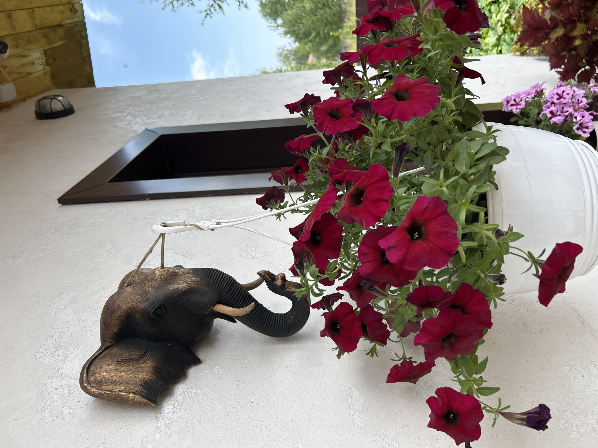 The image depicts an outdoor scene with a decorative elephant head mounted on a textured white wall. A white hanging planter filled with vibrant red petunias is suspended below the elephant. In the background, a dark brown door frame, a section of a wooden ceiling, and a bright blue sky with scattered clouds are visible. The environment suggests a residential or porch area in Минино, Russia, with greenery and foliage present at the edges of the frame. The image is taken from a slightly low angle, looking upwards. There are no people or animals in the frame.