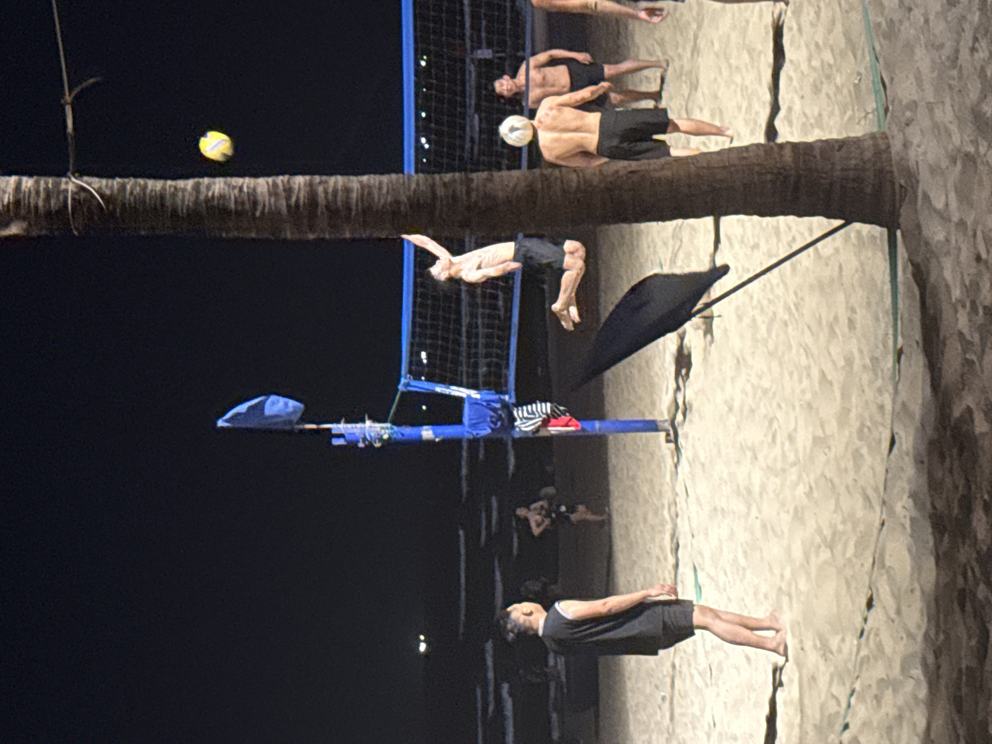 Here is a description of the image:
The image depicts a beach volleyball game on a beach in Đà Nẵng, Vietnam. The image is rotated 90 degrees clockwise. People are playing volleyball near the beach. The volleyball is in the air. There is a tree trunk along the central horizontal axis of the image.