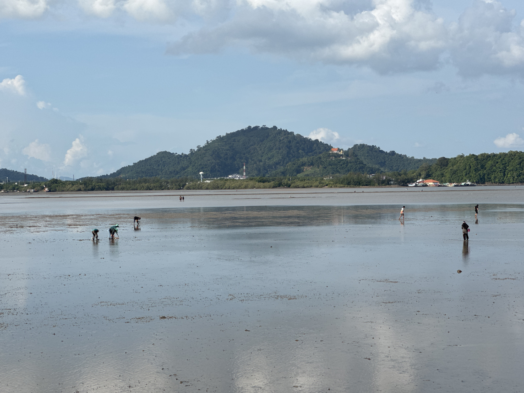 In the city of Phuket City Municipality, Thailand, a vast expanse of wet sand, exposed by the receding tide, stretches towards a distant, tree-covered hill. The sky above is a mixture of blue and scattered clouds. Several individuals are visible scattered across the sandy plain. In the foreground, a group of three people are bent over, appearing to be engaged in some activity on the wet sand. Further back, three more individuals are walking or standing. Two are seen in the distance on the left, and one is further out on the right. The overall scene suggests a quiet, natural landscape where people are interacting with the exposed seabed.