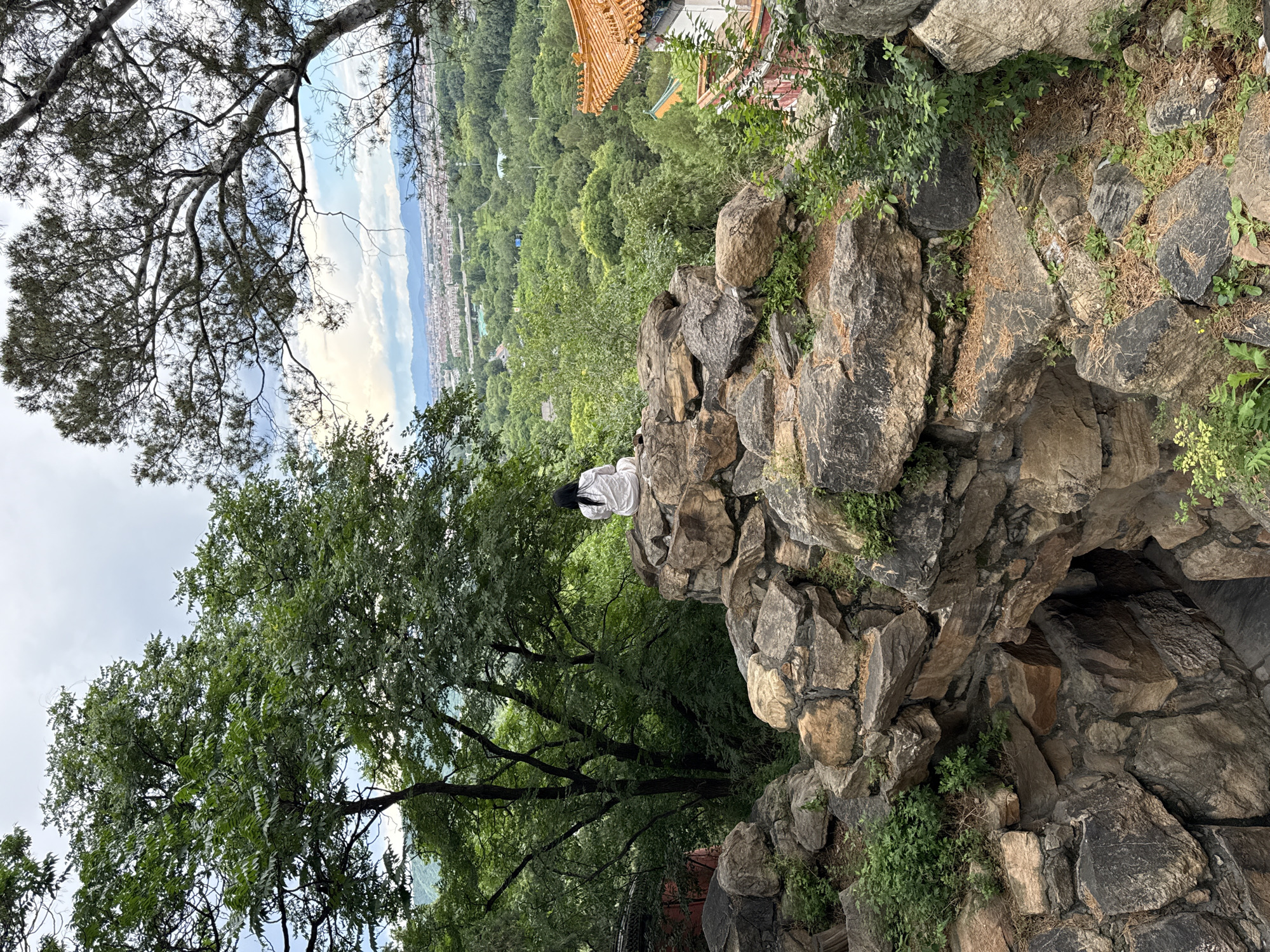 An elevated outdoor scene depicts a person seated atop a prominent rock formation, overlooking a sprawling landscape in Haidian District, China. The central foreground is dominated by large, irregular rocks forming a natural or constructed cliff face, with small green foliage and sparse dry leaves growing between them. A dark, cavernous opening is visible within the rock structure in the lower-middle left.
A lone individual, seen from behind, is seated on a flat surface of the upper rock formation. The person wears a loose-fitting, light-colored (presumably white) garment and has long dark hair. They are positioned facing away from the viewer, looking out over the distant vista.
To the left of the person and rocks, a dense canopy of green deciduous trees occupies the midground. To the right, a portion of a traditional Chinese building is visible, characterized by an ornate orange tiled roof with yellow ridge decorations and green eaves. Below this structure, more green foliage extends.
The background reveals a vast panorama: a wide expanse of lush green trees transitions into a densely built urban area with numerous buildings and a visible elevated road or bridge. Faint mountain ranges are discernible on the distant horizon. The sky above is partially covered with white and grey clouds, revealing patches of blue.